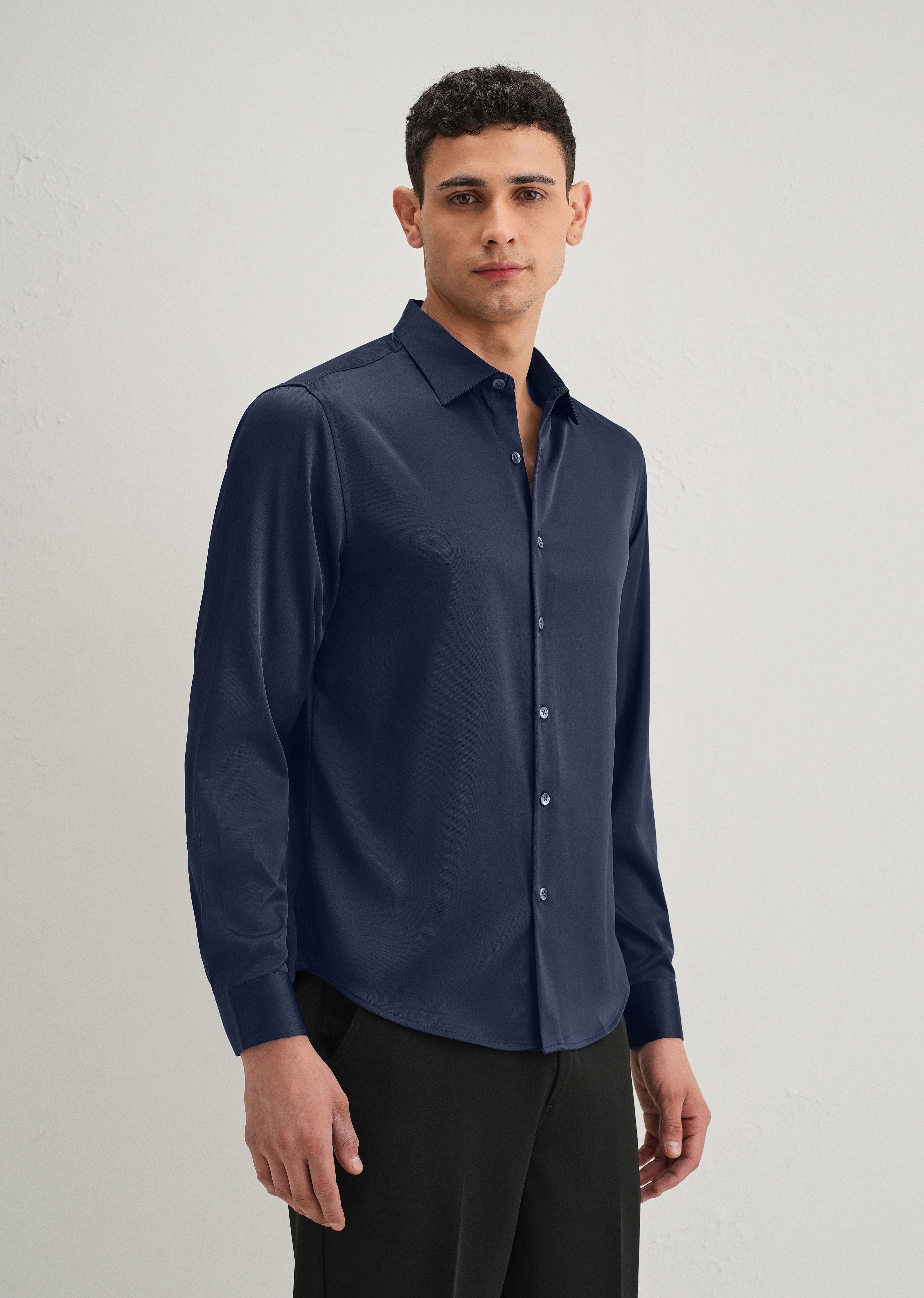 Navy Blue Satin-Finish Plain Shirt