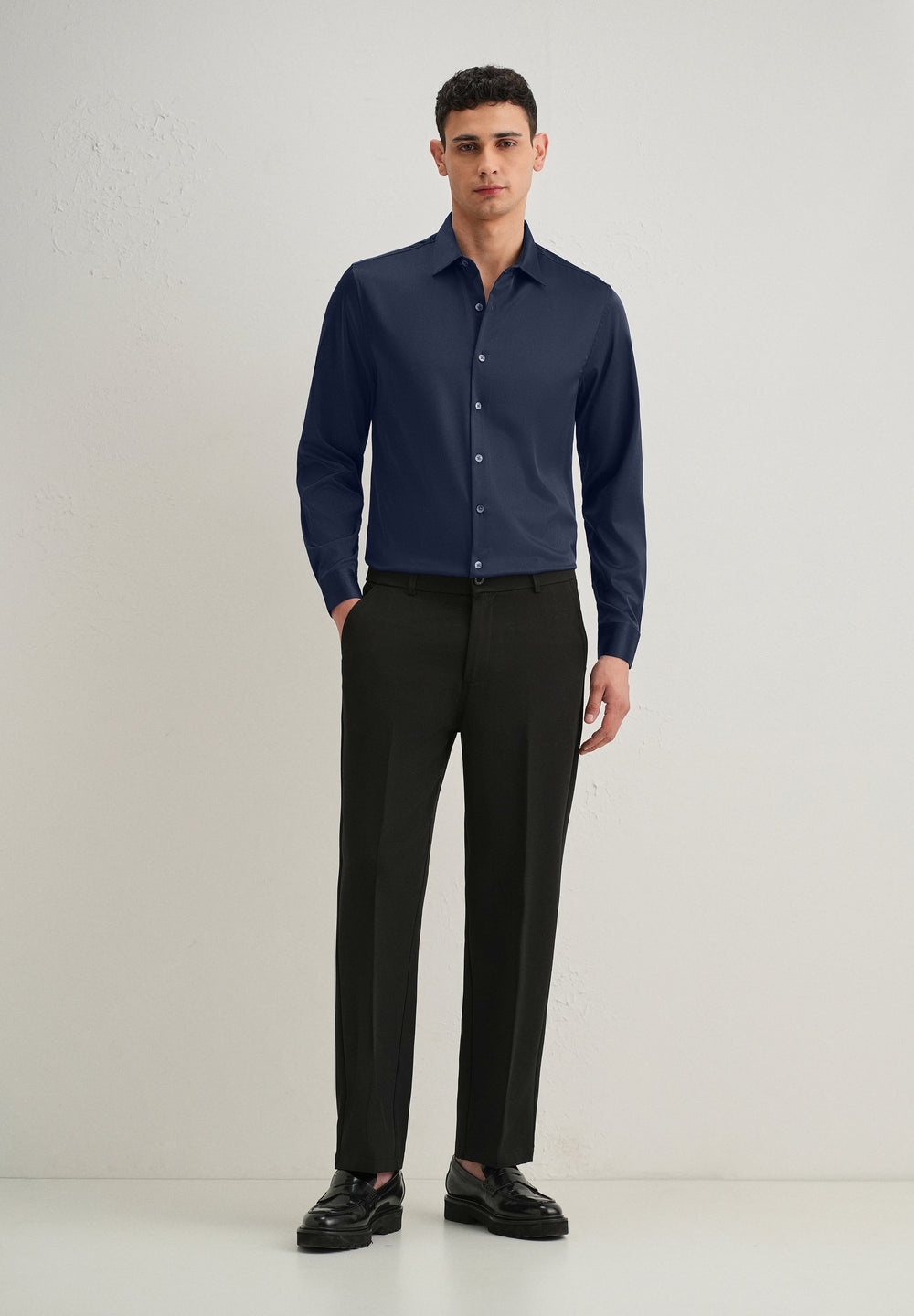 Navy Blue Satin-Finish Plain Shirt