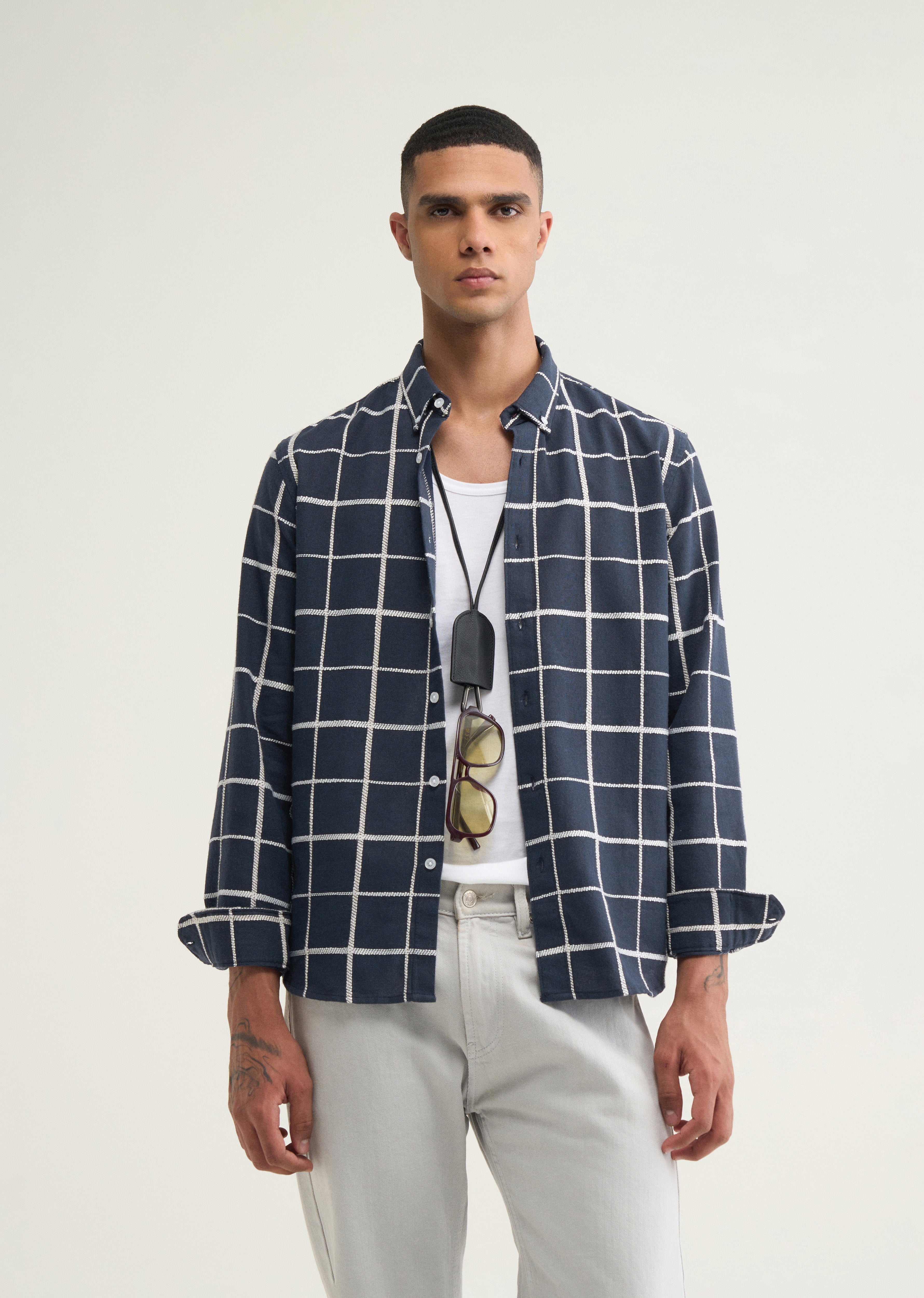 Navy Blue Self Checked Shirt