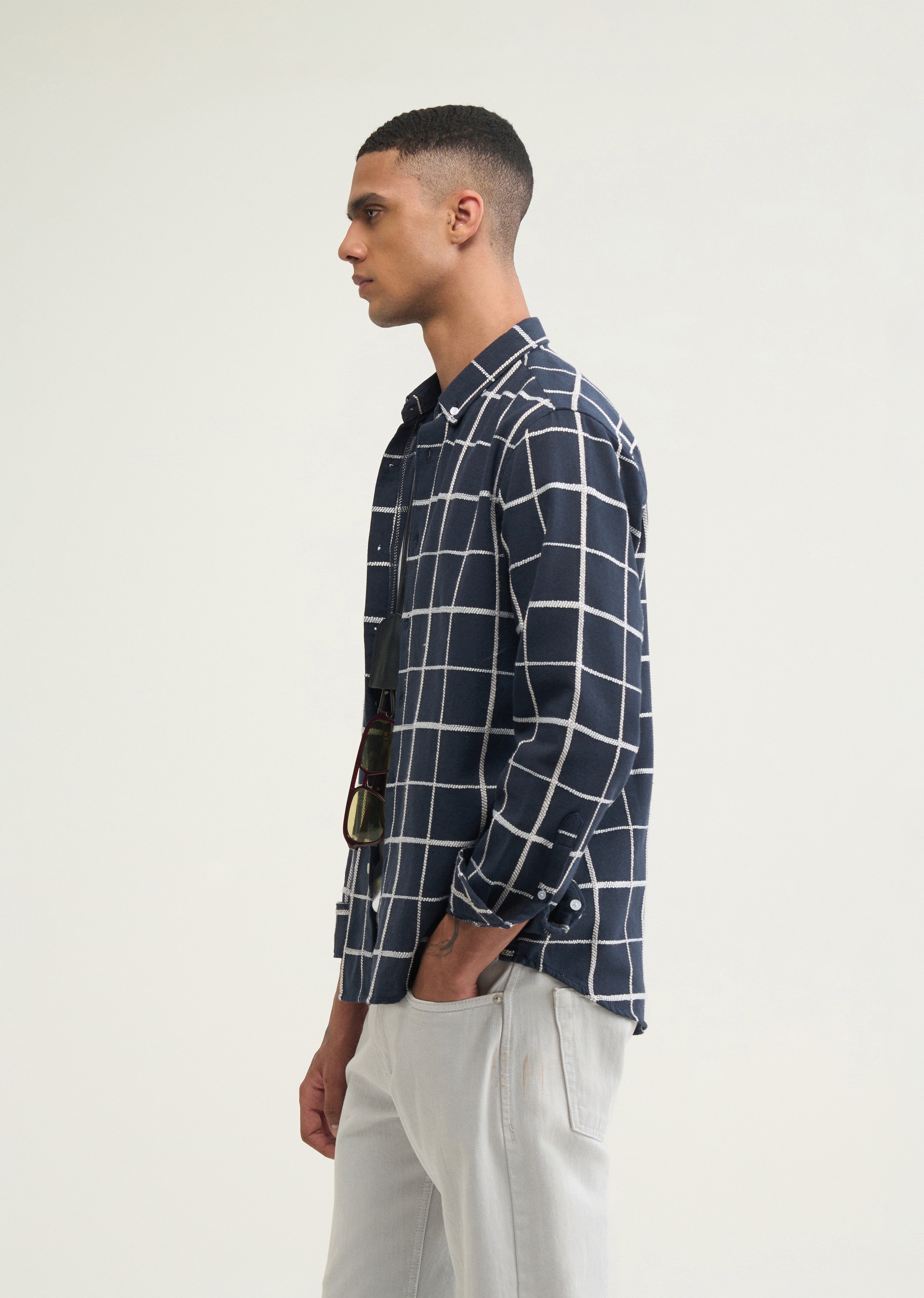 Navy Blue Self Checked Shirt