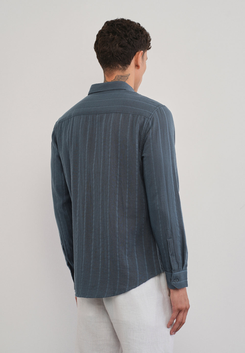 Navy Blue Self Striped Cotton Shirt