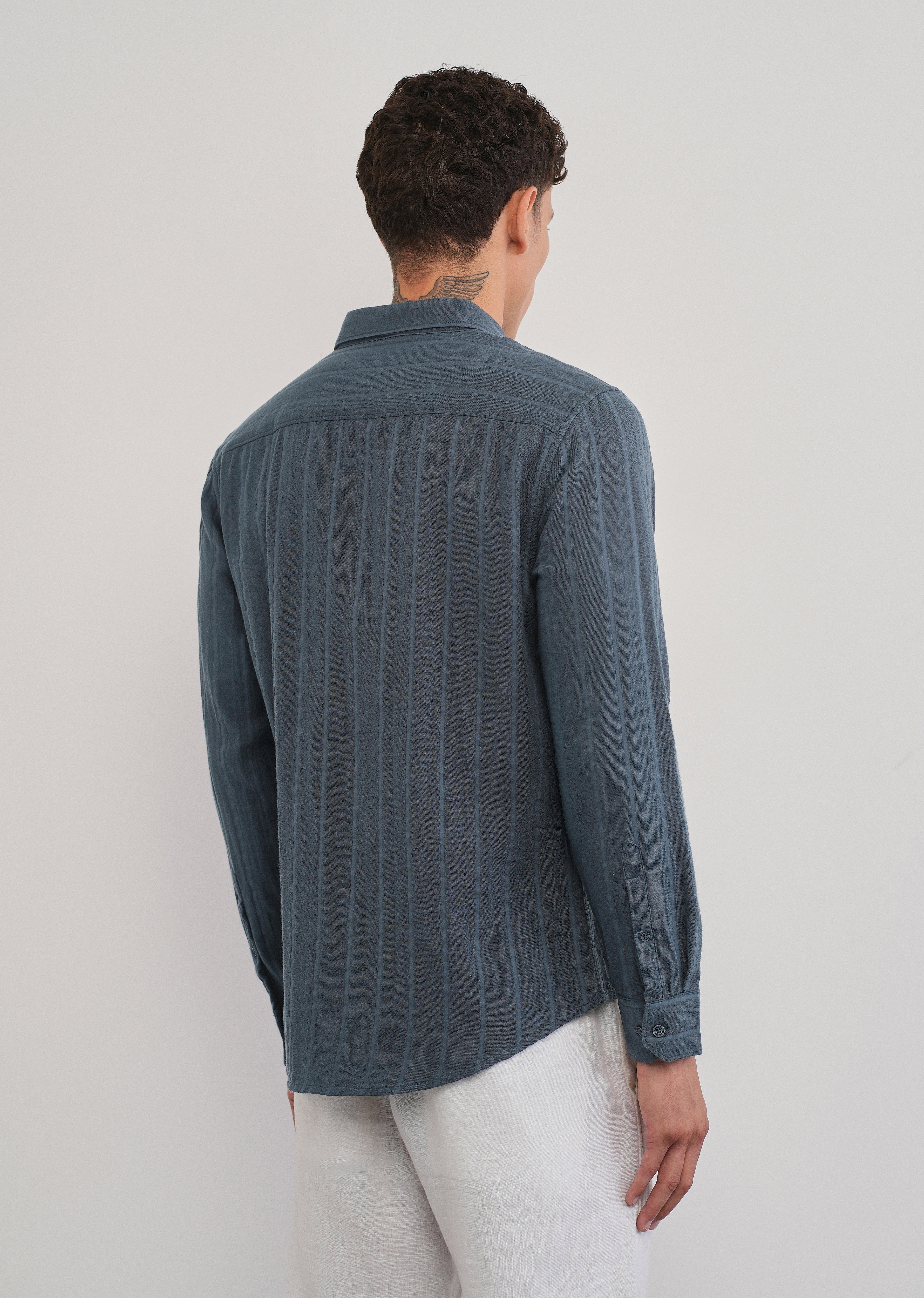 Navy Blue Self Striped Cotton Shirt