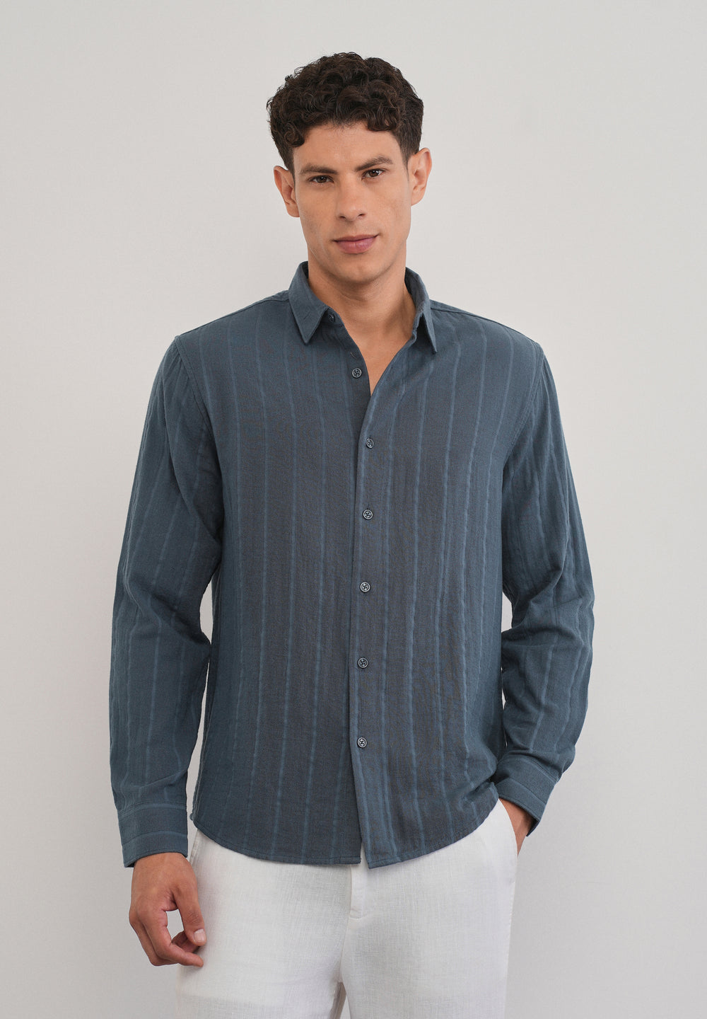 Navy Blue Self Striped Cotton Shirt