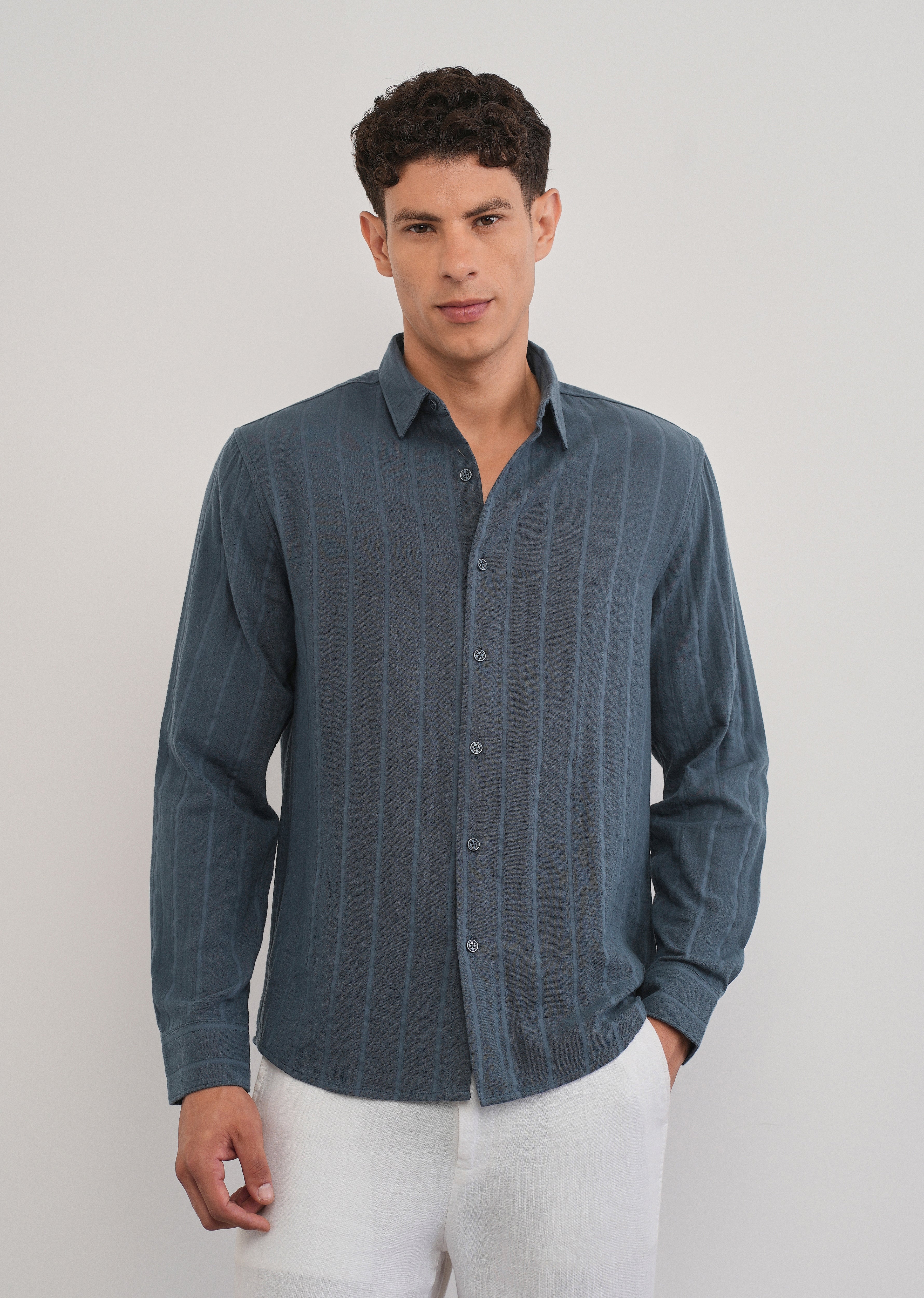 Navy Blue Self Striped Cotton Shirt