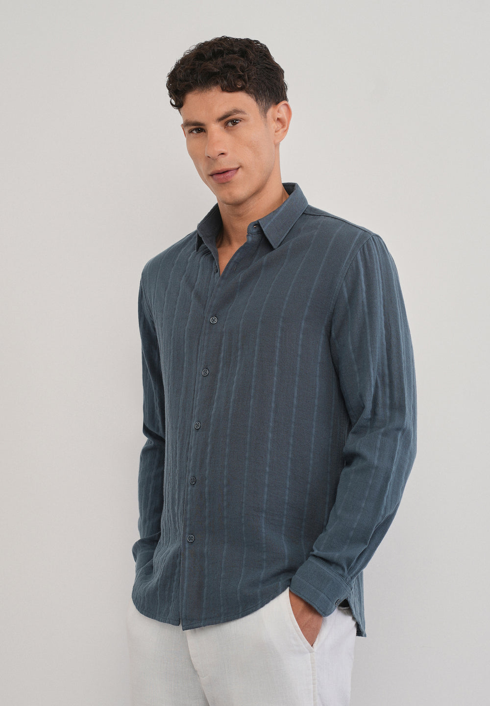 Navy Blue Self Striped Cotton Shirt