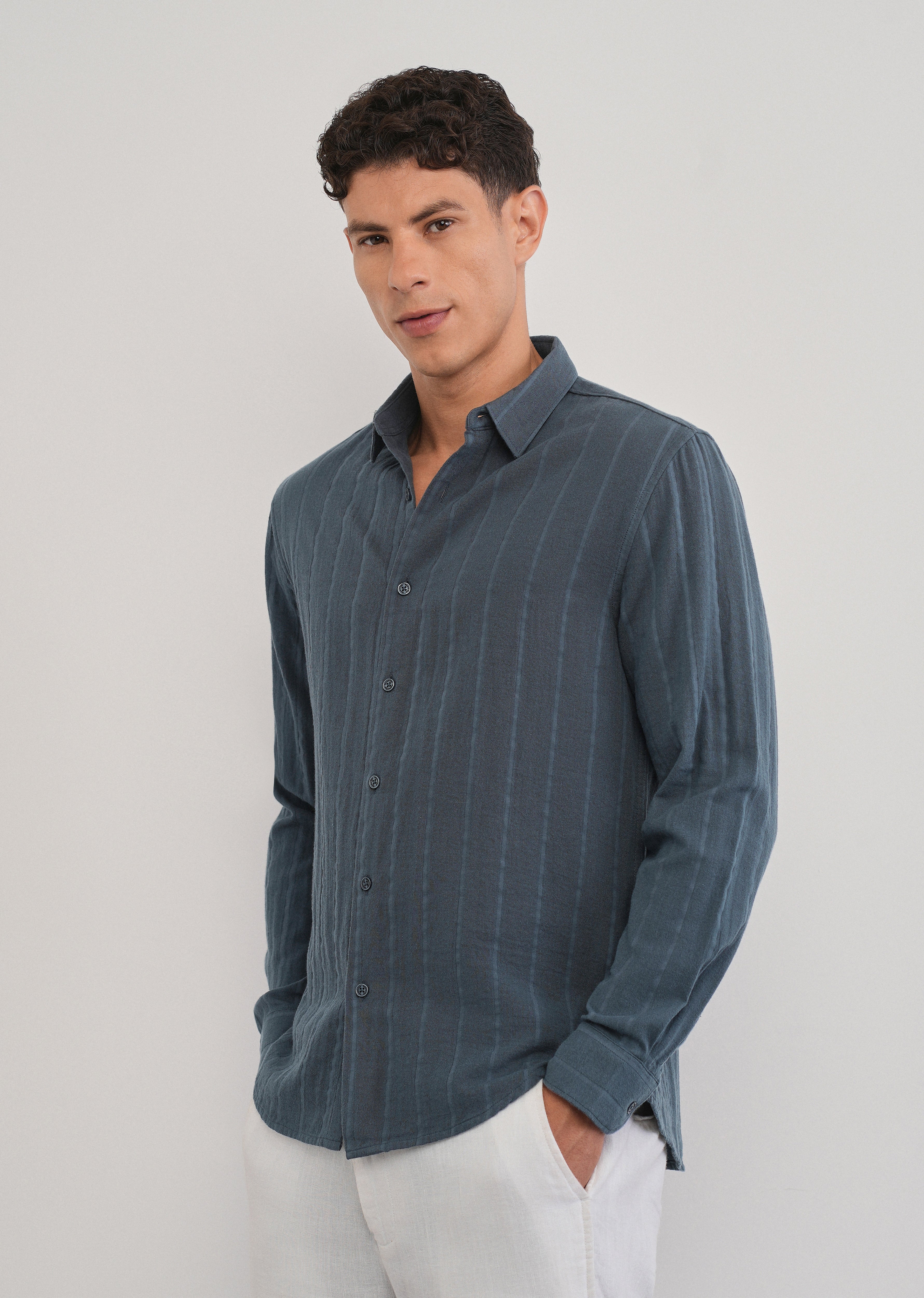 Navy Blue Self Striped Cotton Shirt