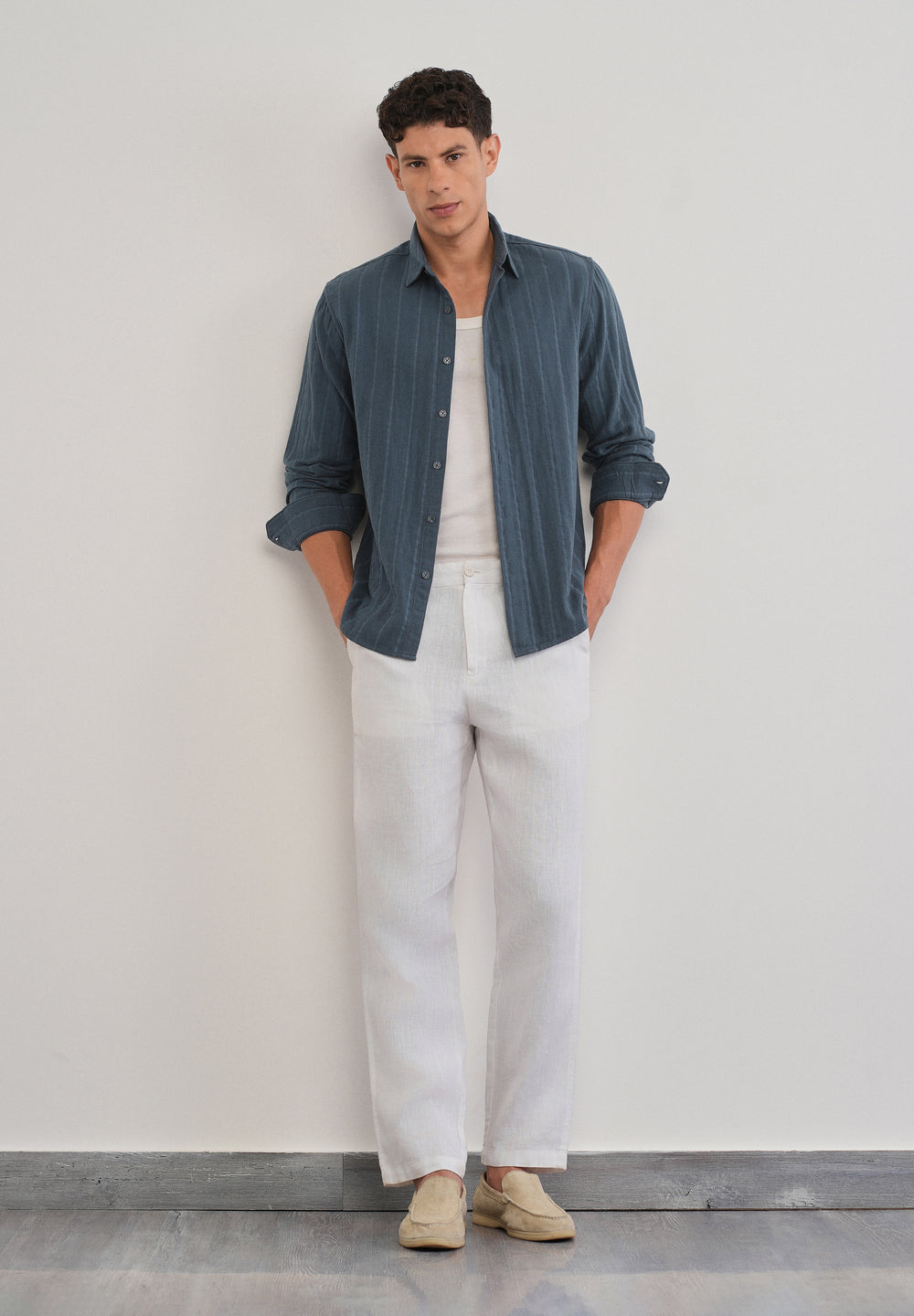 Navy Blue Self Striped Cotton Shirt