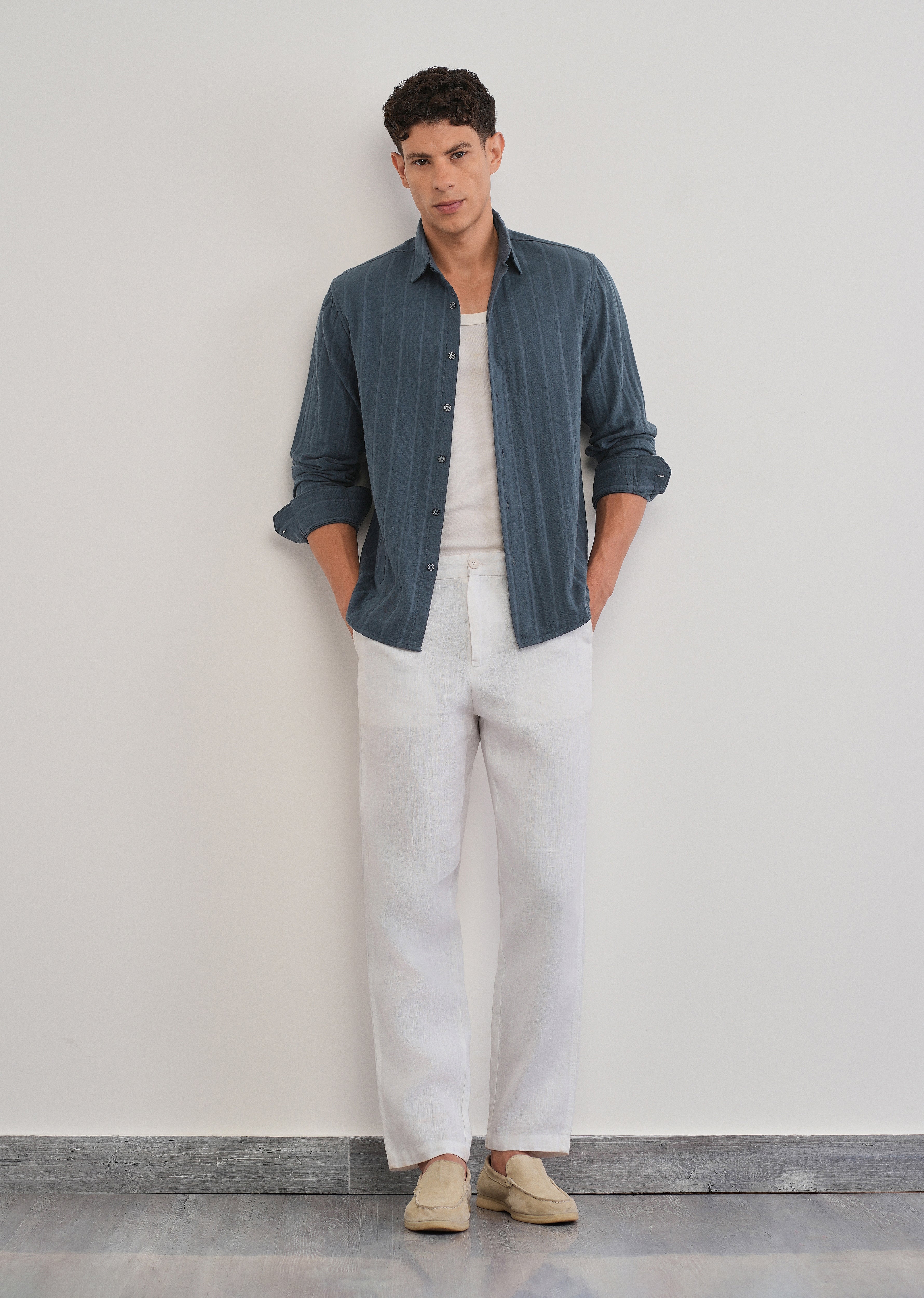 Navy Blue Self Striped Cotton Shirt