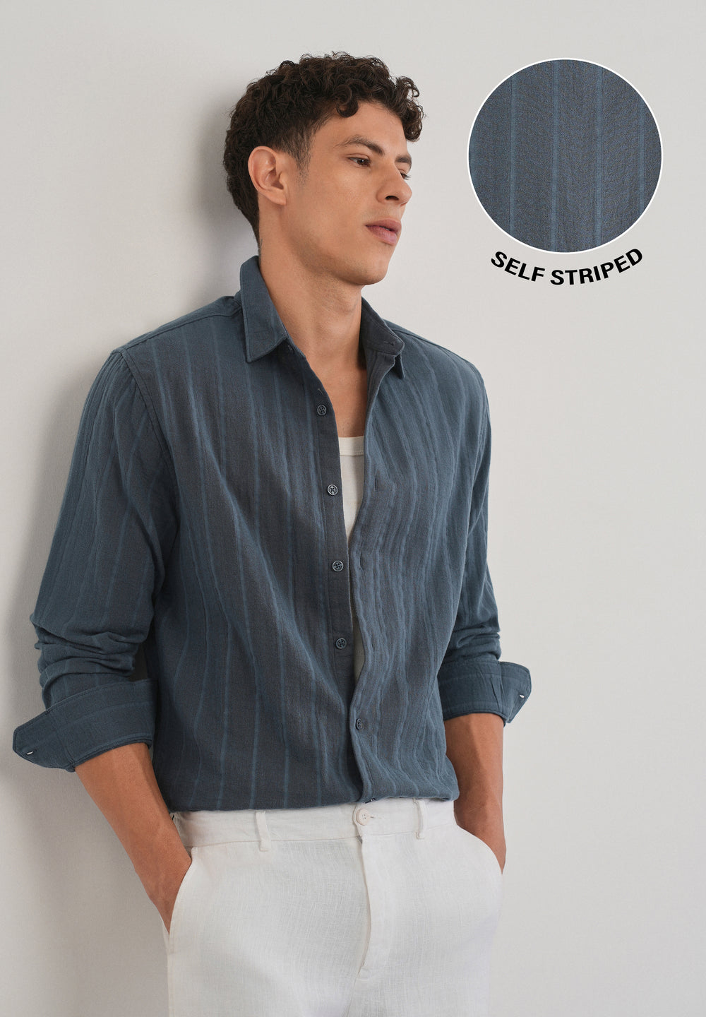 Navy Blue Self Striped Cotton Shirt