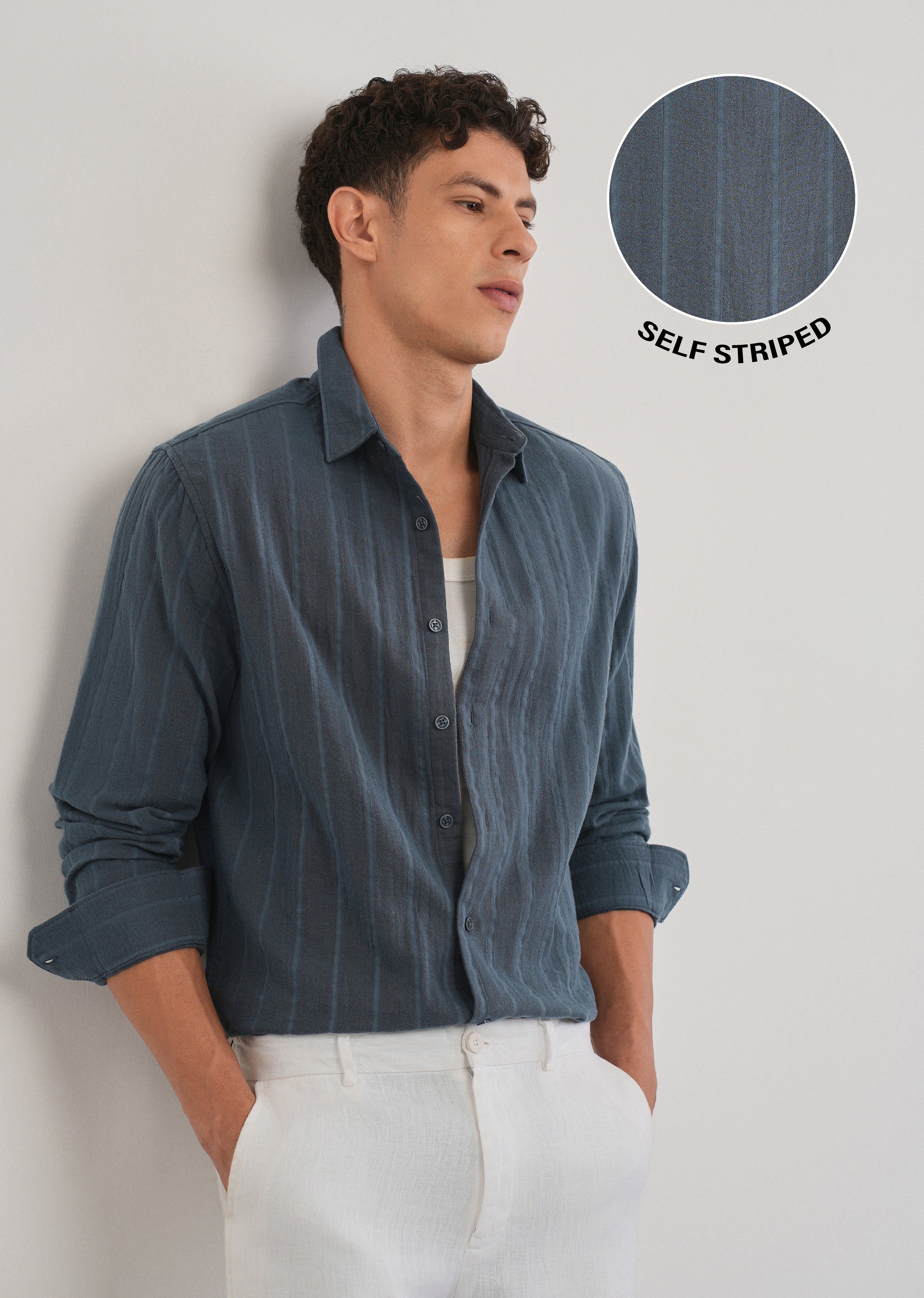 Navy Blue Self Striped Cotton Shirt