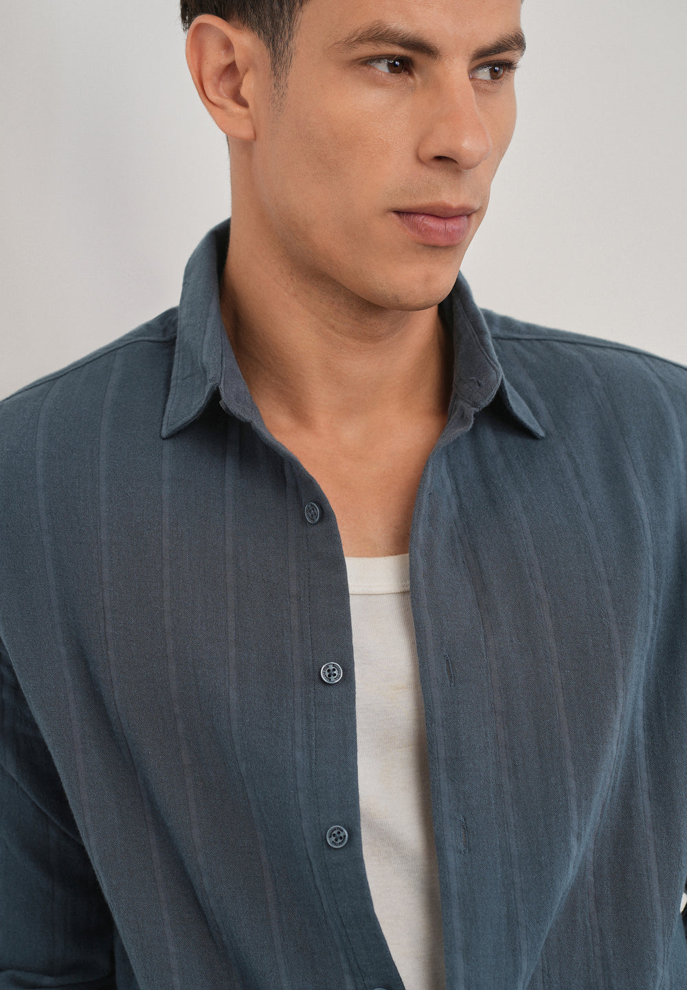 Navy Blue Self Striped Cotton Shirt