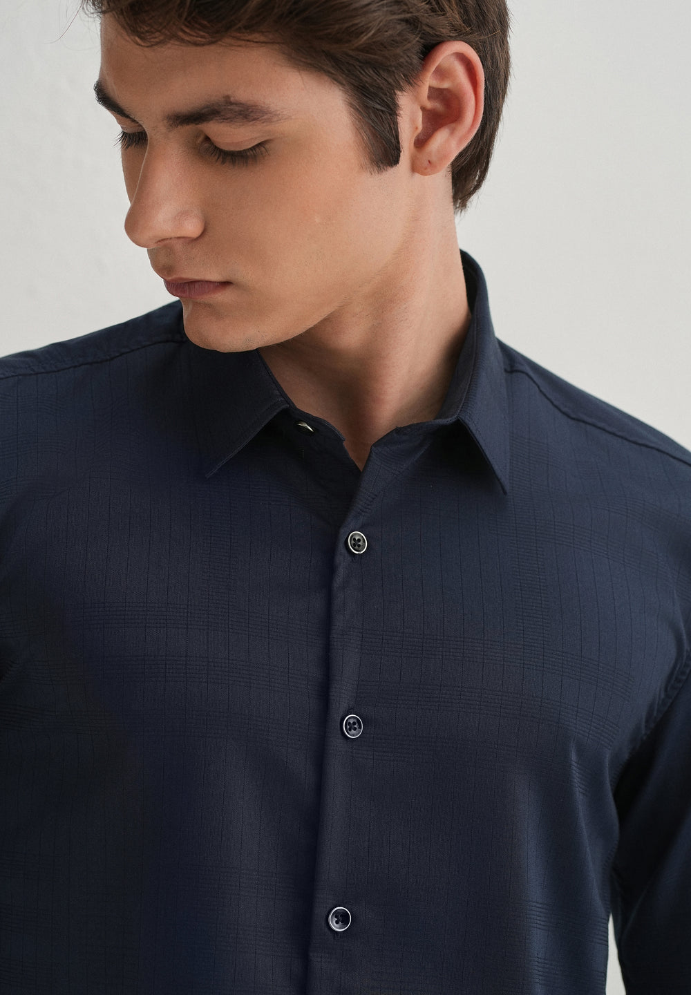 Navy Blue Self Striped Plain Shirt