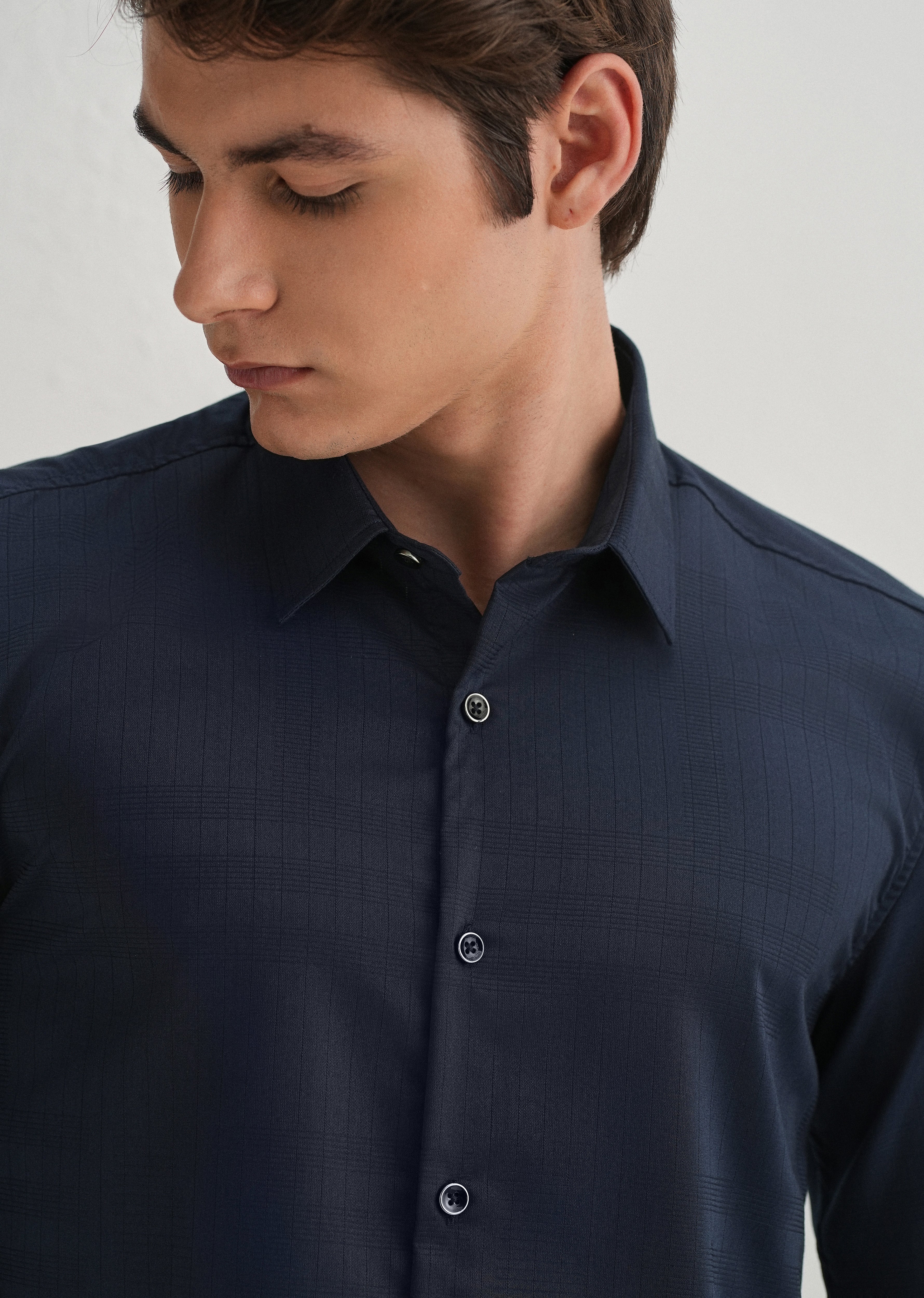 Navy Blue Self Striped Plain Shirt