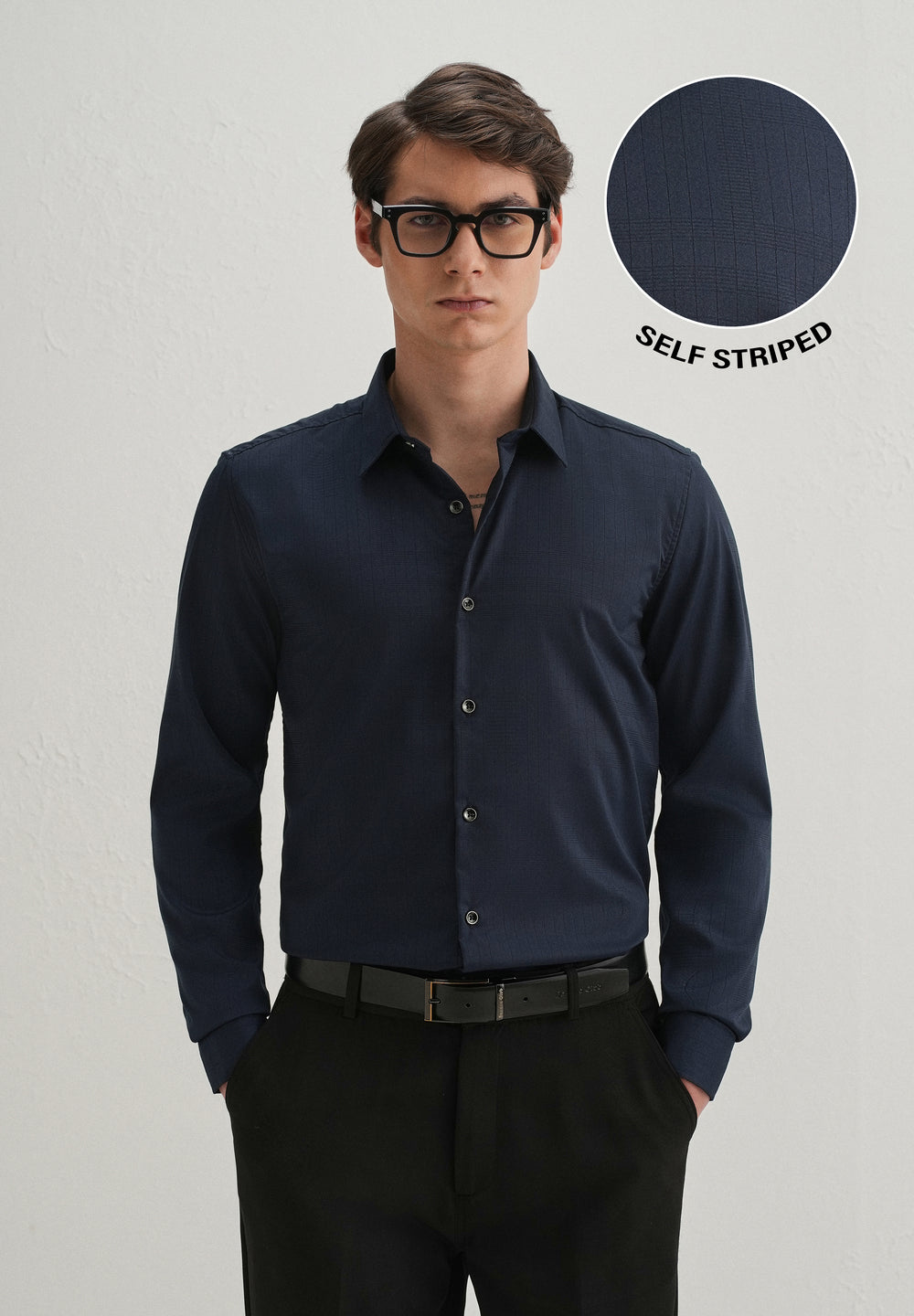 Navy Blue Self Striped Plain Shirt