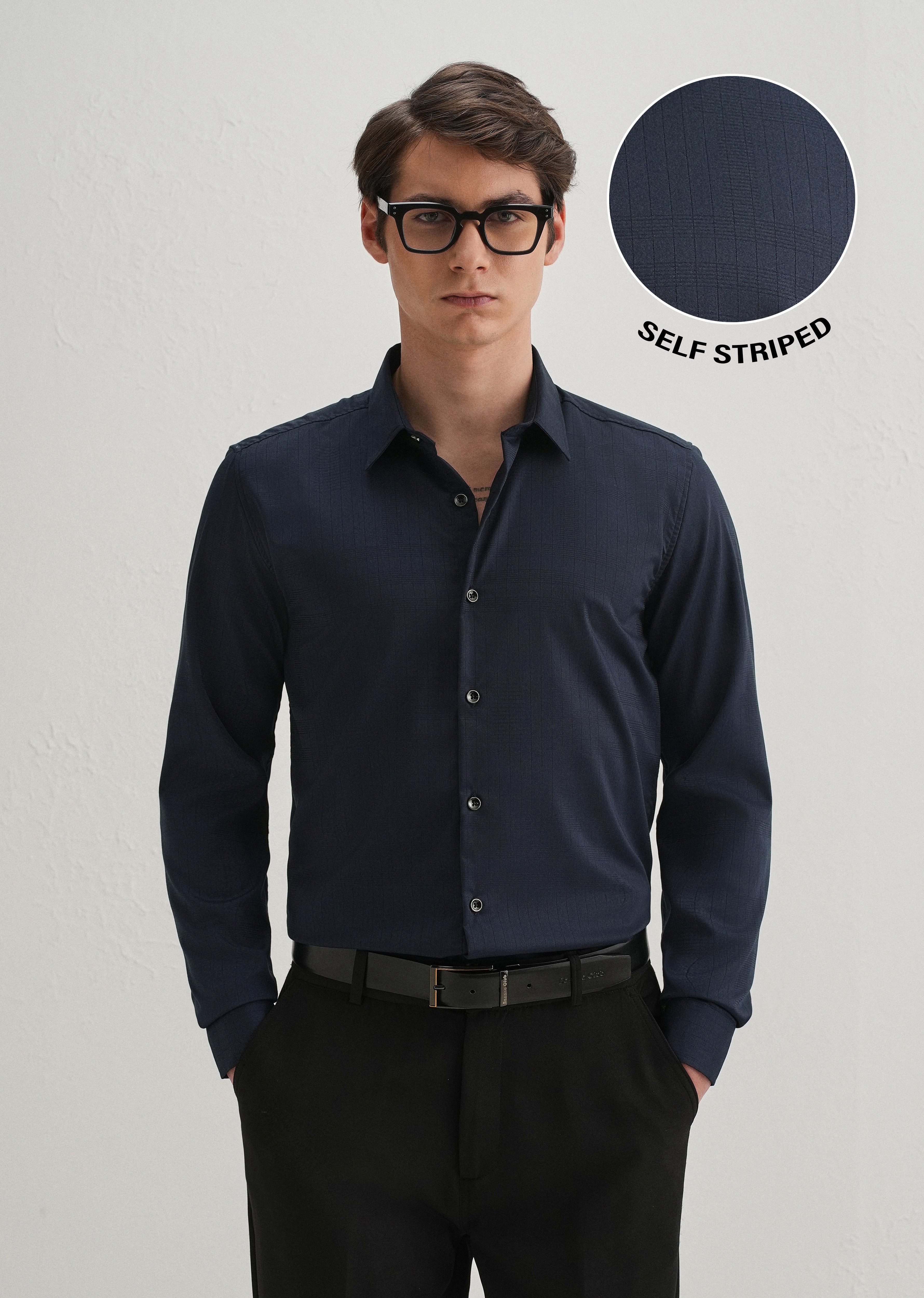 Navy Blue Self Striped Plain Shirt