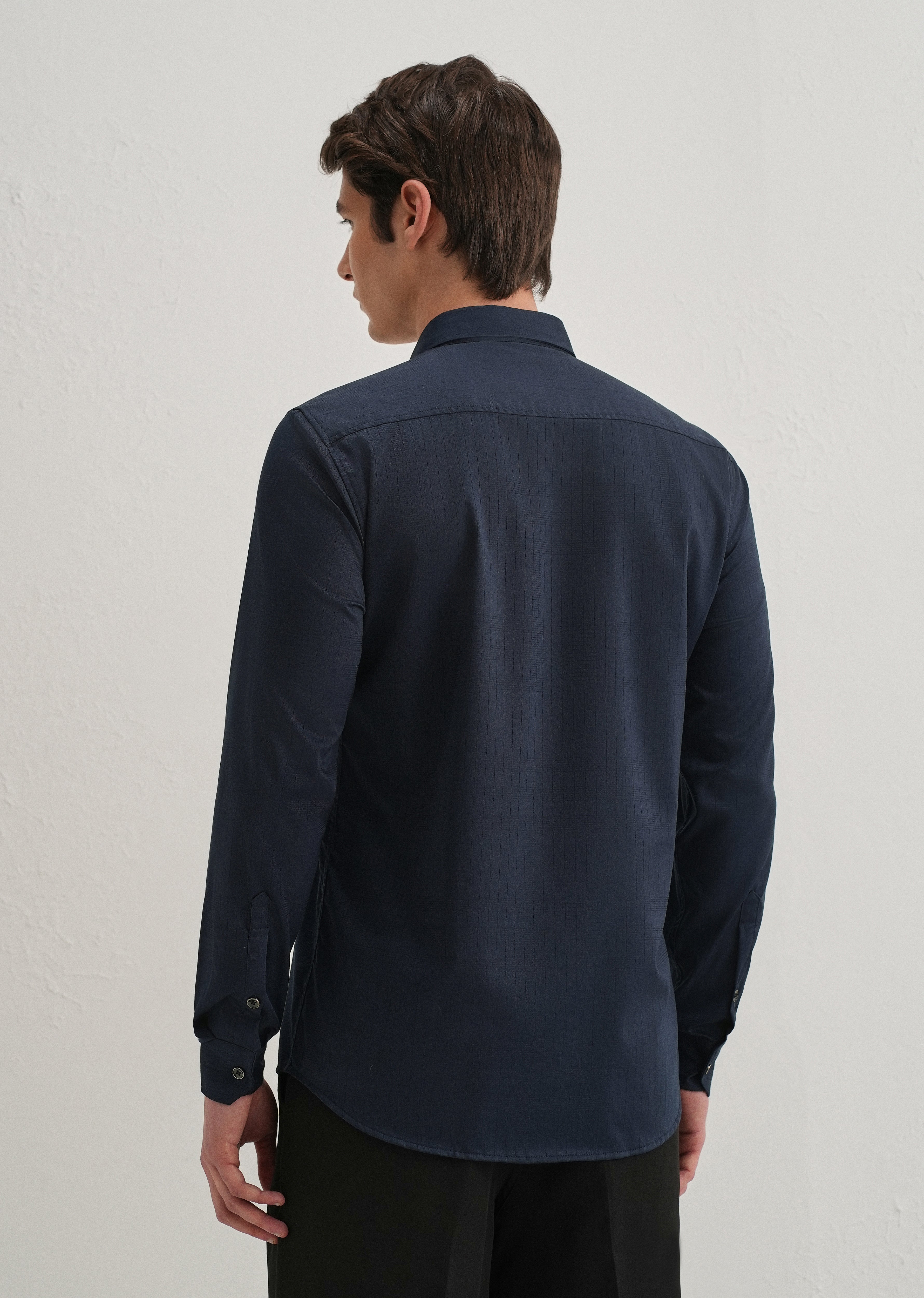 Navy Blue Self Striped Plain Shirt