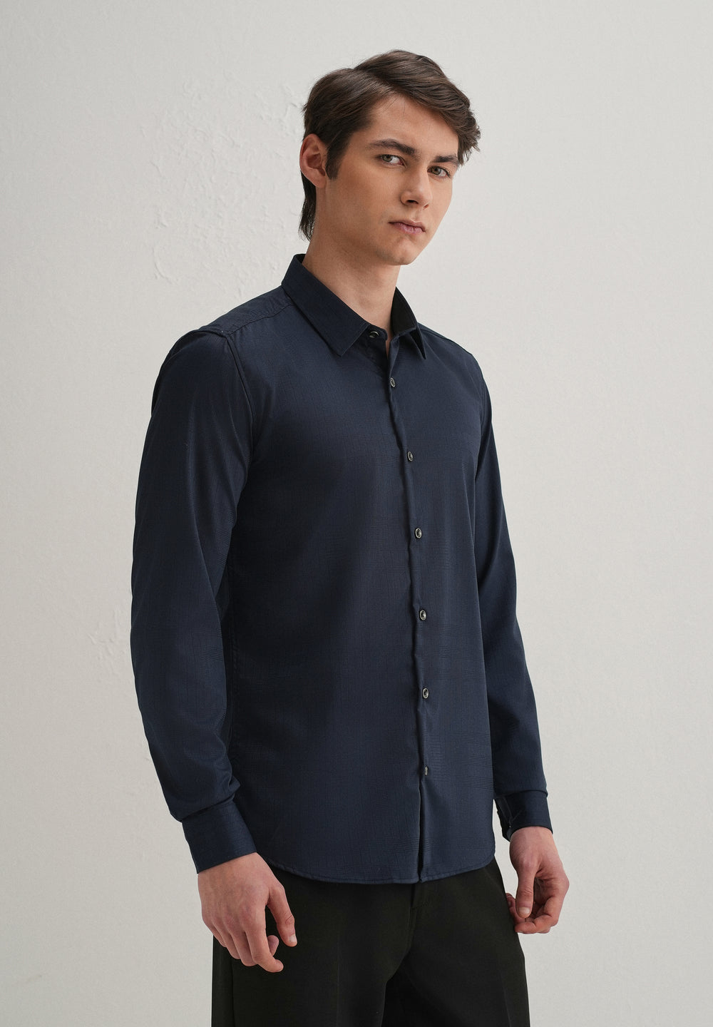 Navy Blue Self Striped Plain Shirt