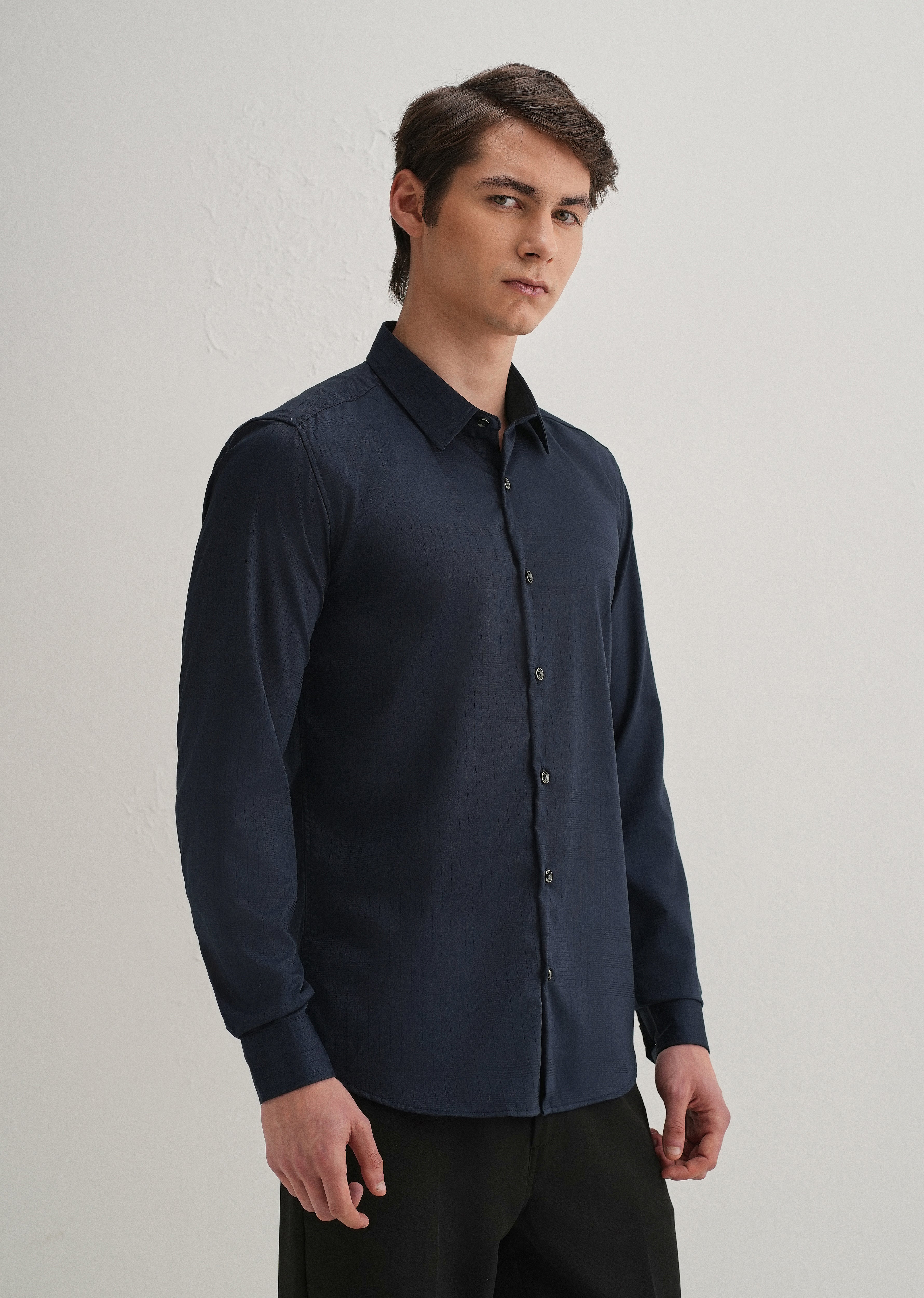 Navy Blue Self Striped Plain Shirt