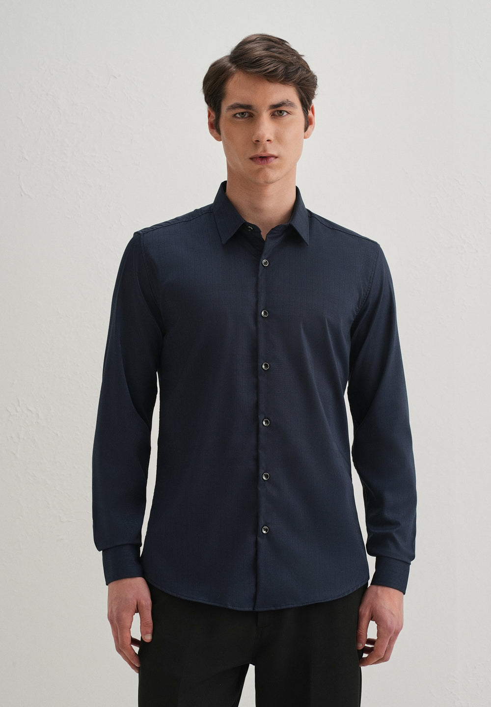 Navy Blue Self Striped Plain Shirt