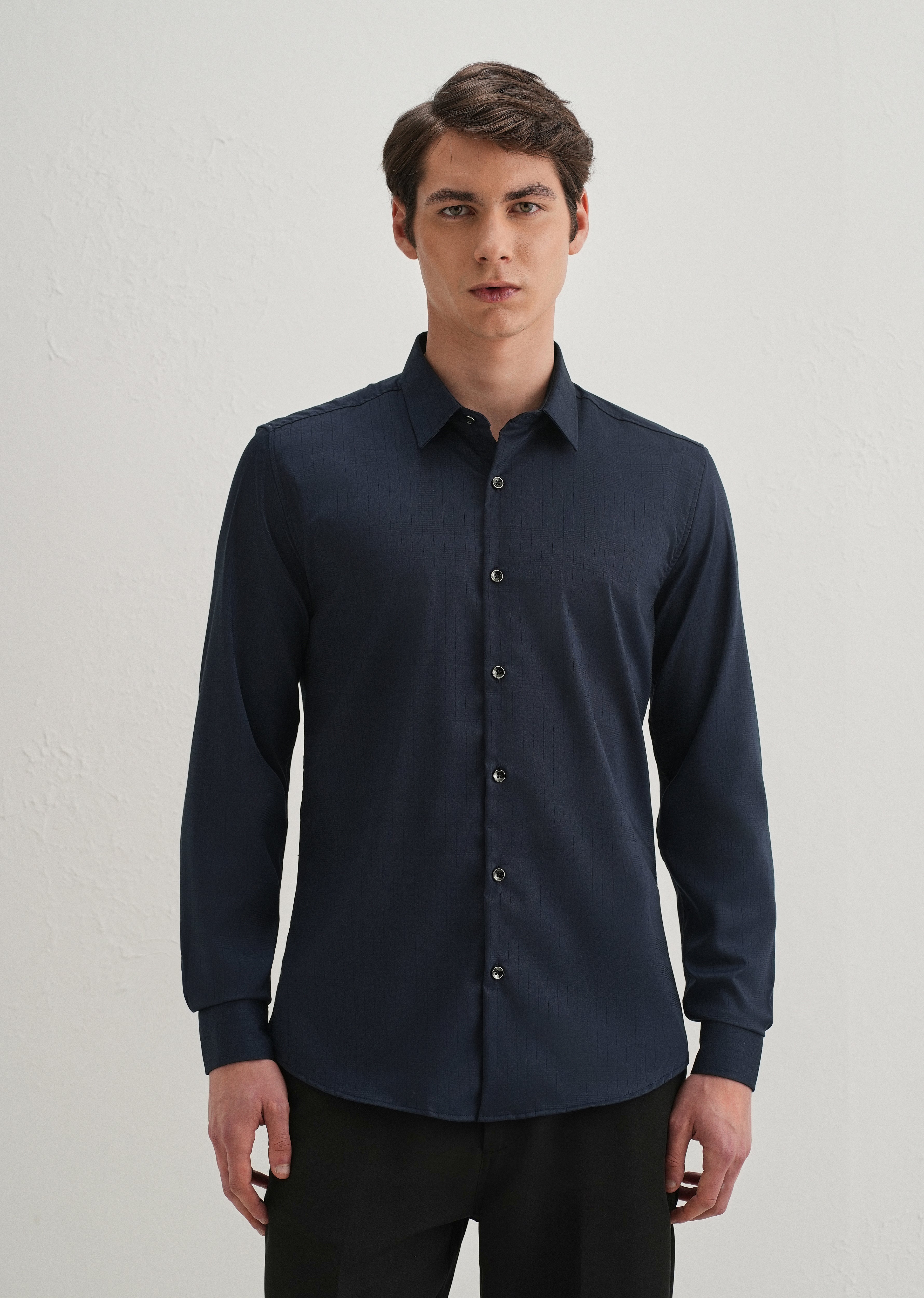 Navy Blue Self Striped Plain Shirt