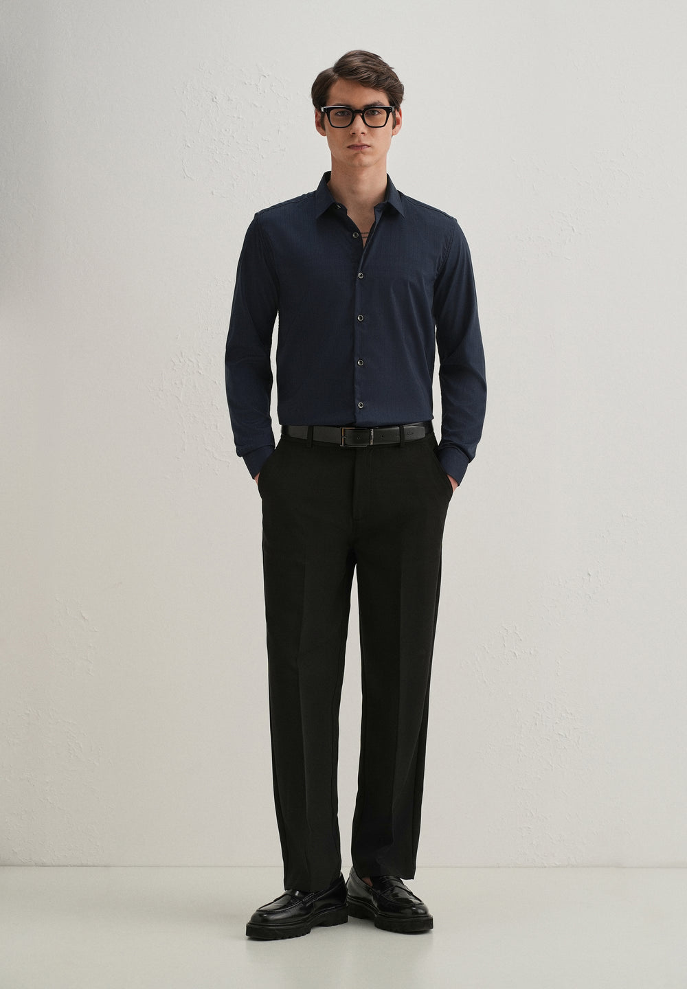 Navy Blue Self Striped Plain Shirt