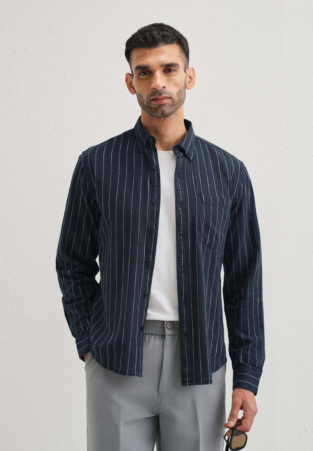 Navy Blue Striped Cotton Linen Shirt
