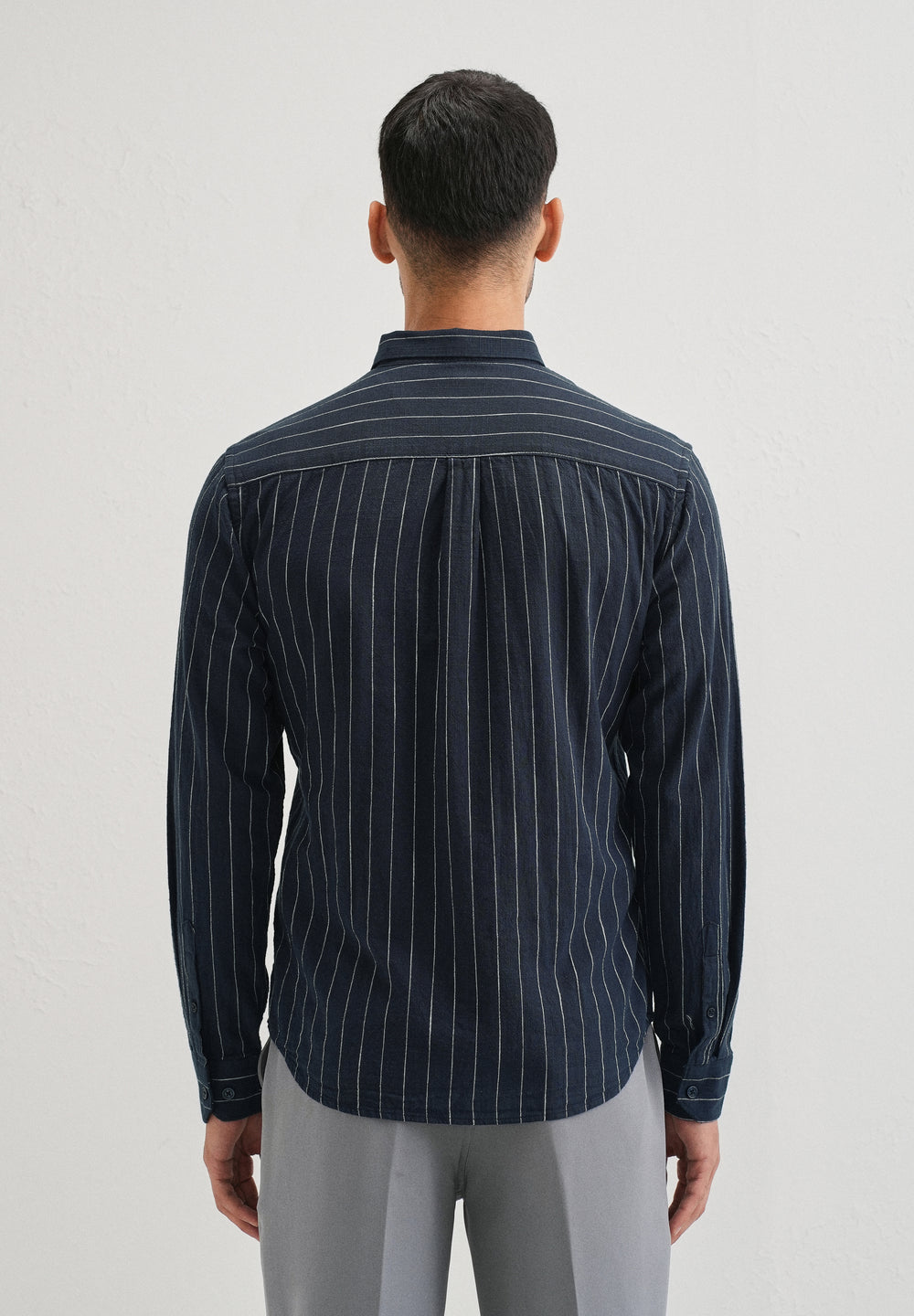 Navy Blue Striped Cotton Linen Shirt