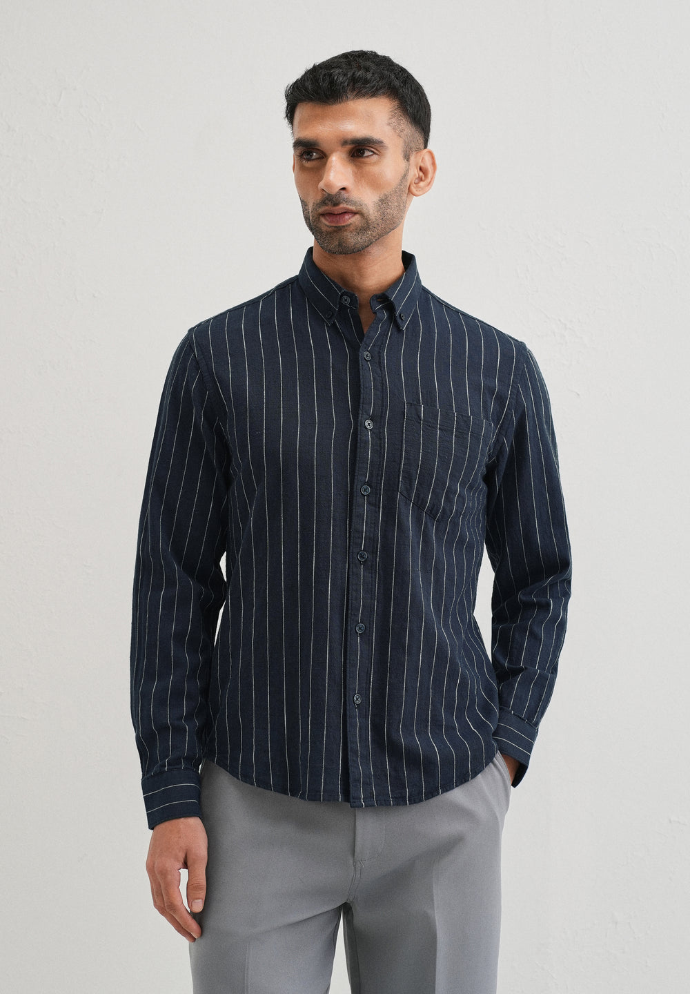 Navy Blue Striped Cotton Linen Shirt
