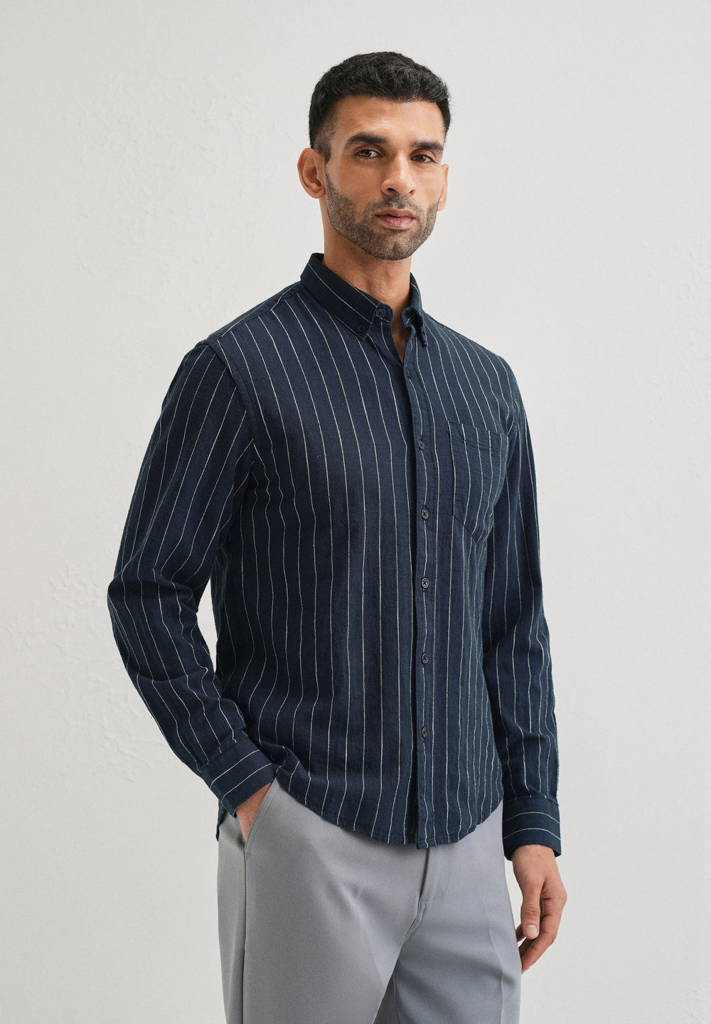 Navy Blue Striped Cotton Linen Shirt