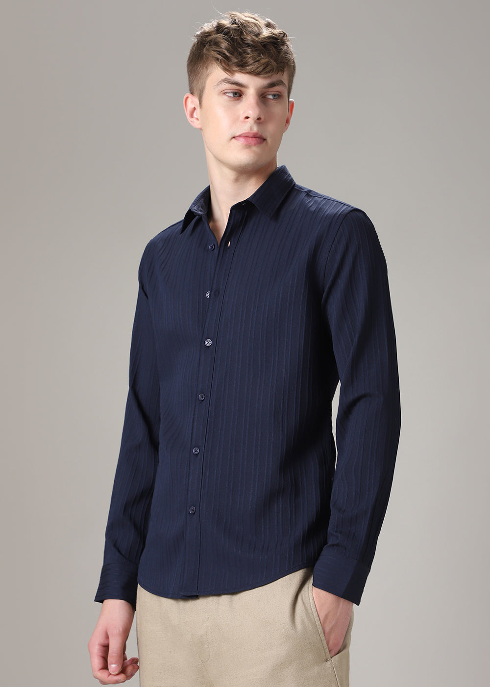 Navy Blue Self Striped Shirt