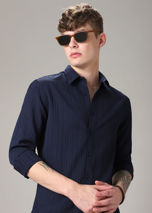 Navy Blue Self Striped Shirt