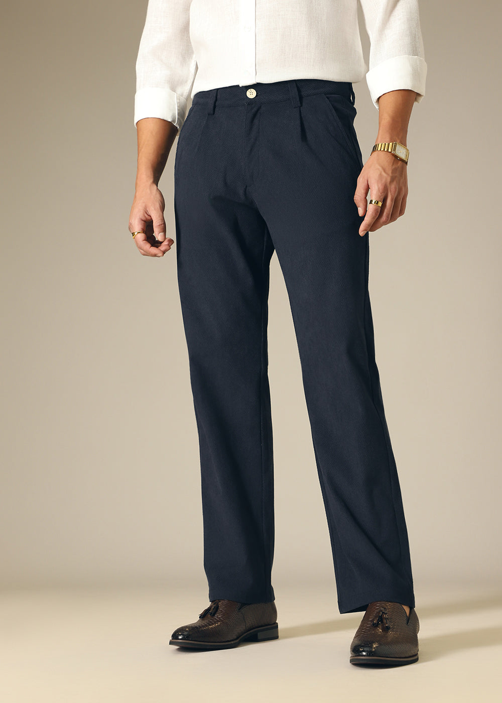 Navy Blue Textured Corduroy Pant