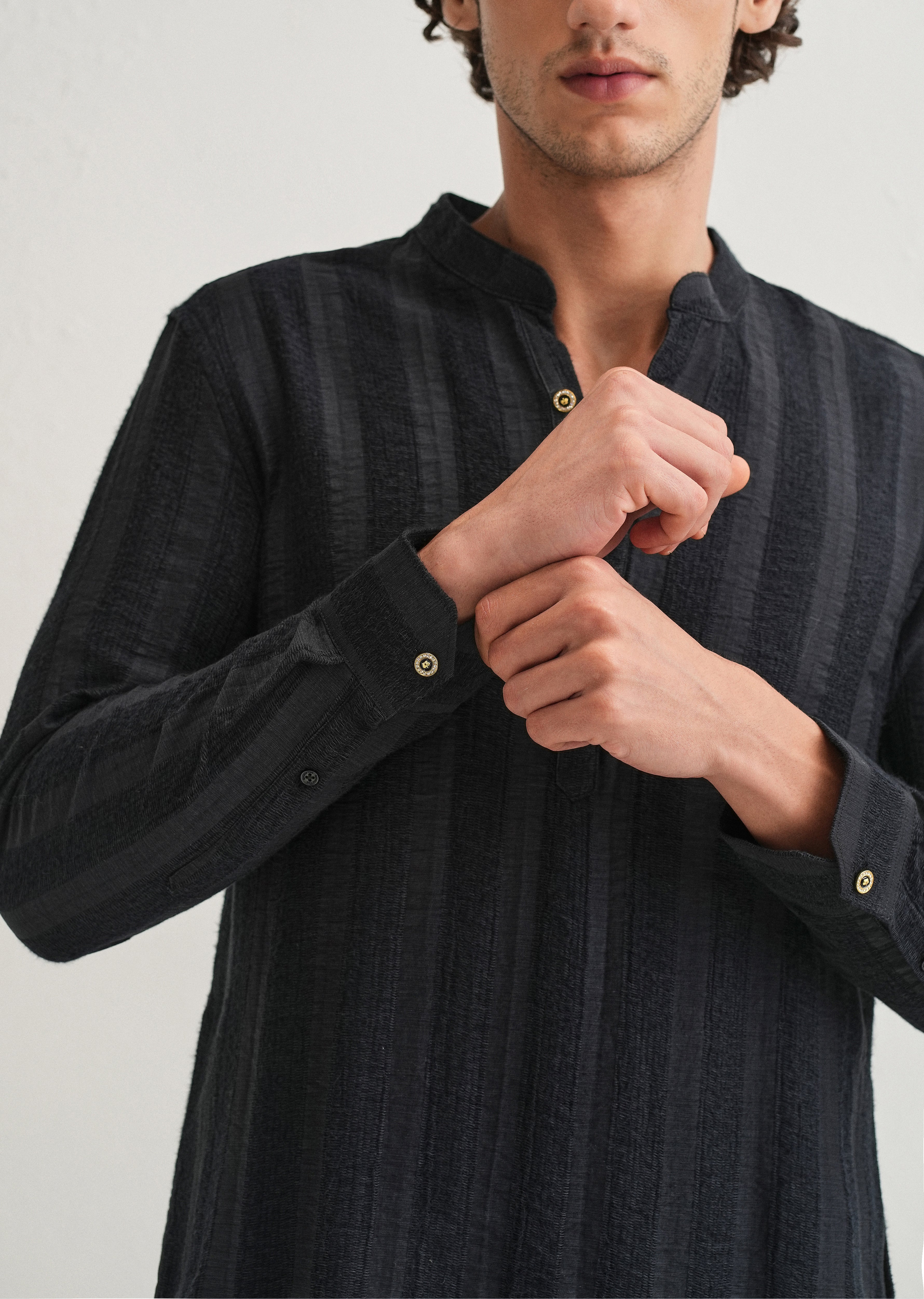 Navy Blue Textured Vertical Stripe Kurta