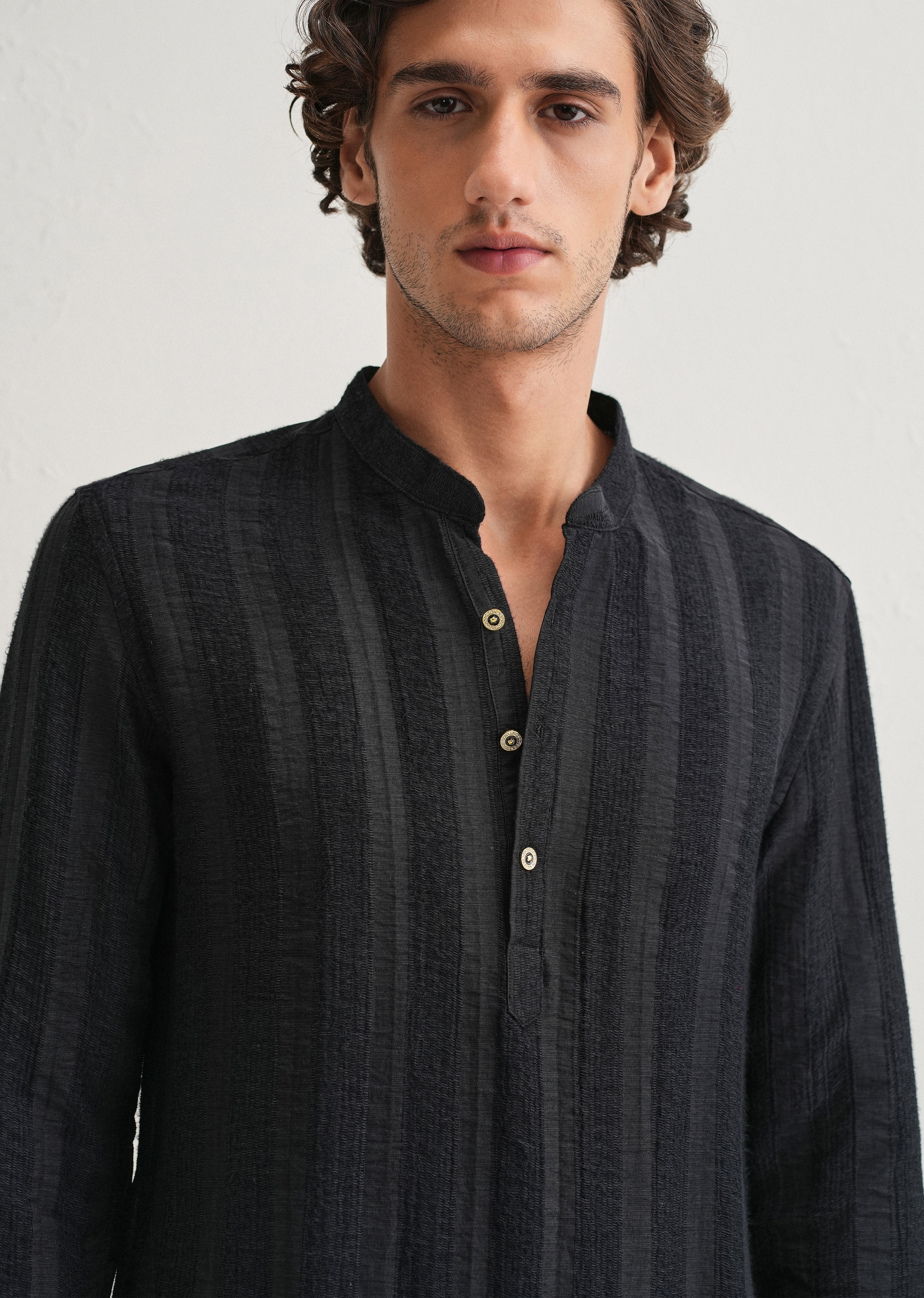 Navy Blue Textured Vertical Stripe Kurta