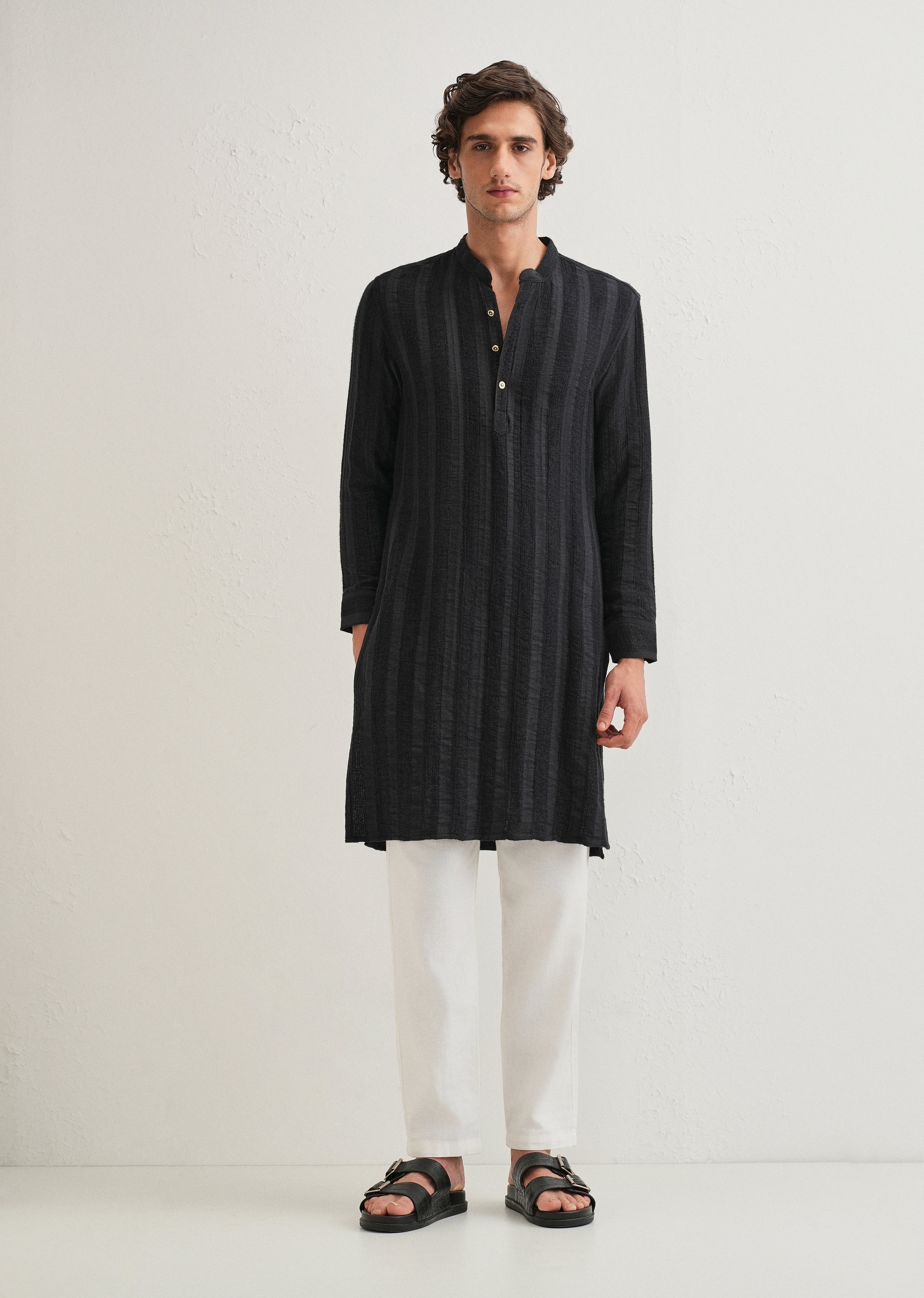 Navy Blue Textured Vertical Stripe Kurta