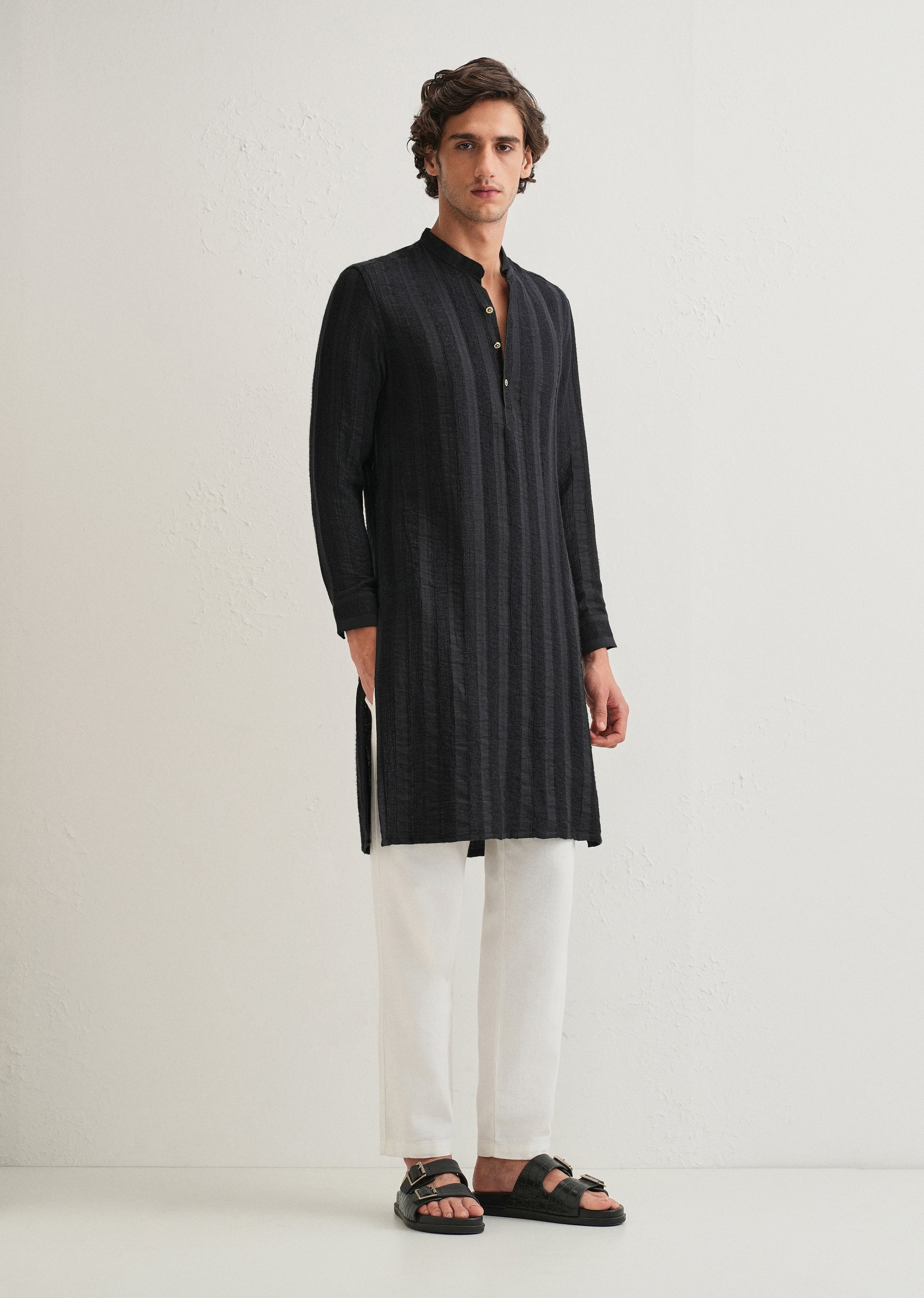 Navy Blue Textured Vertical Stripe Kurta