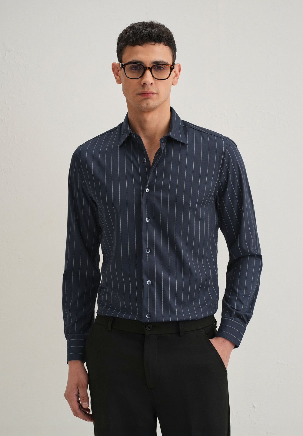 Navy Blue Vertical Stripe Shirt