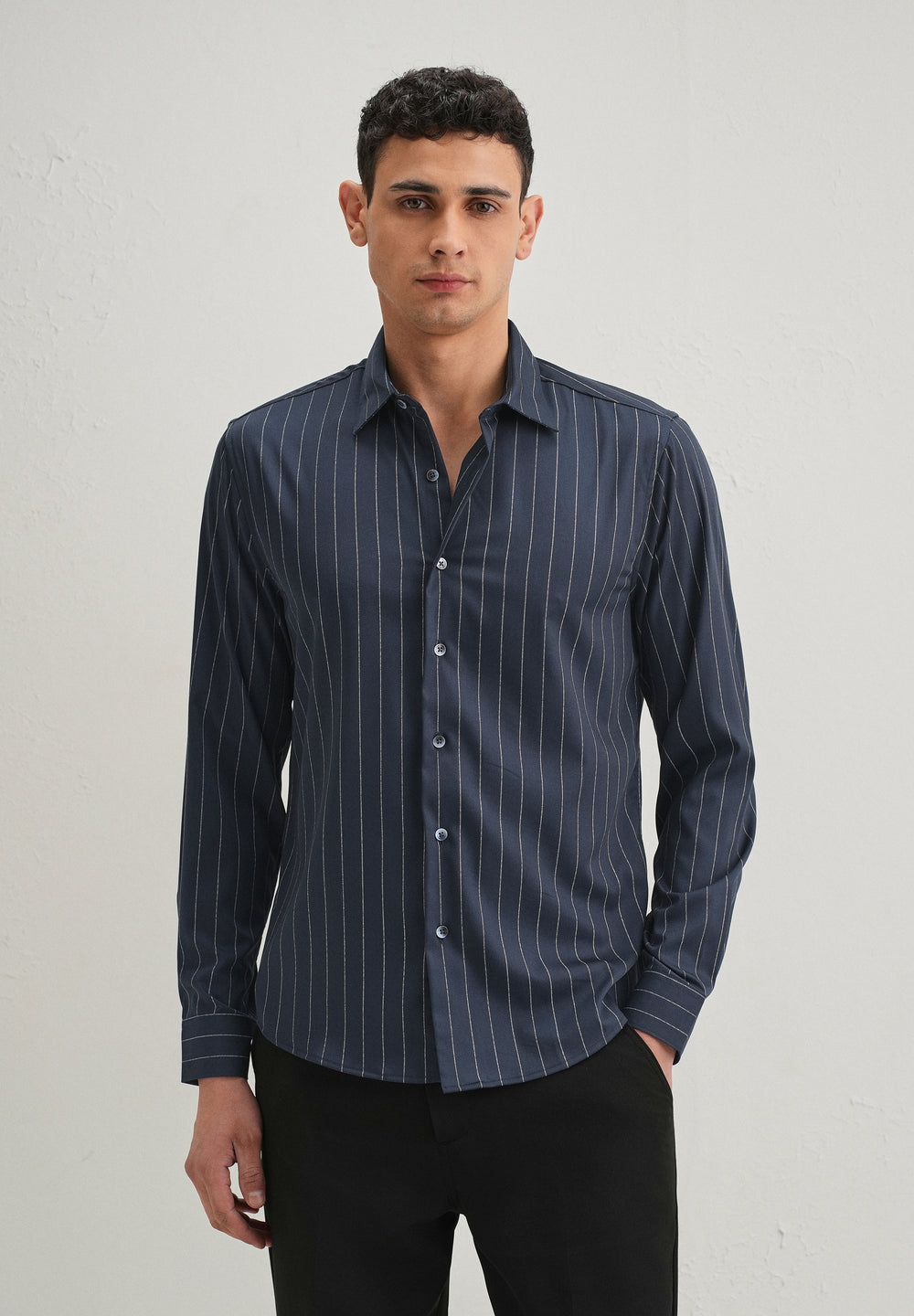 Navy Blue Vertical Stripe Shirt