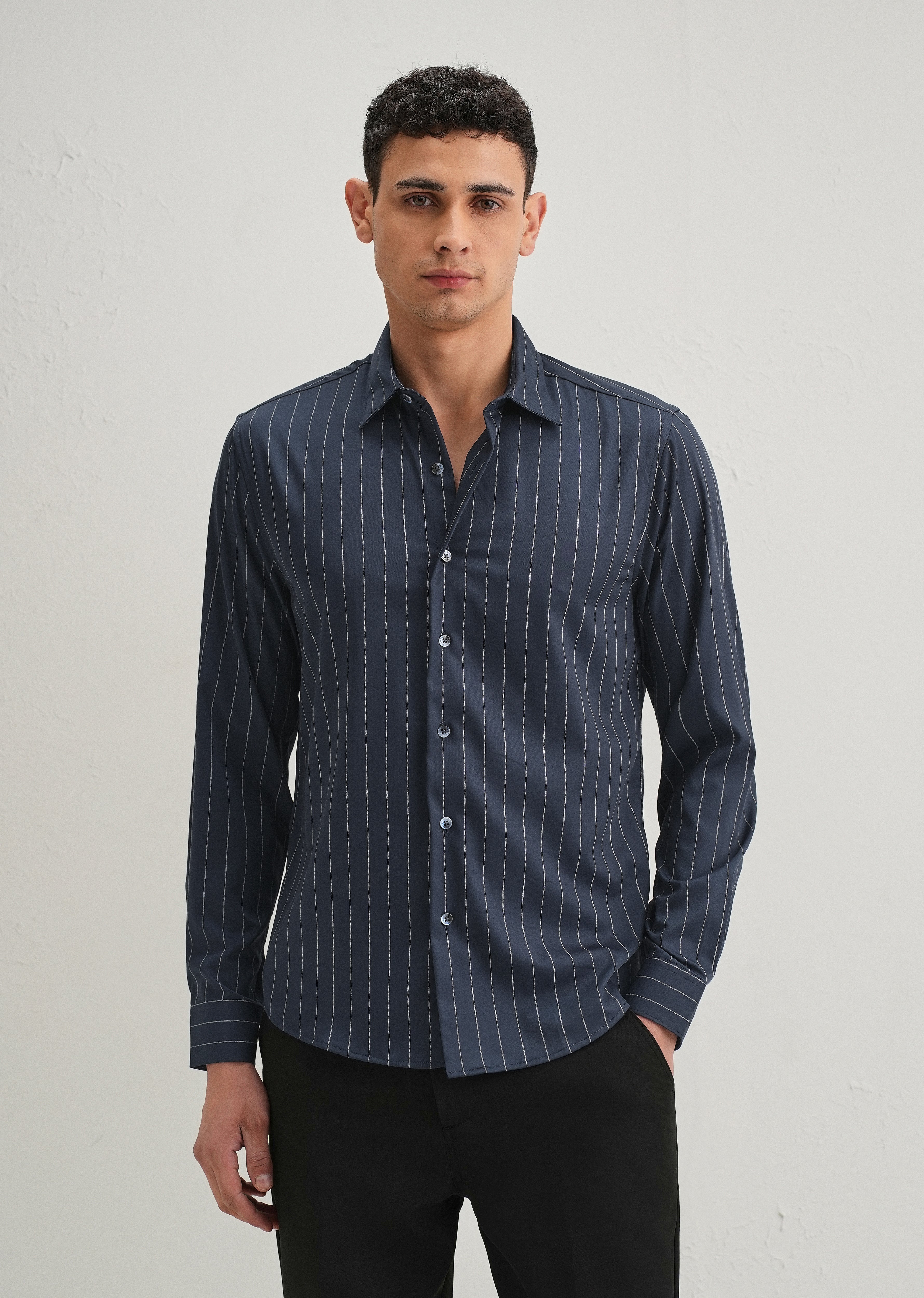Navy Blue Vertical Stripe Shirt