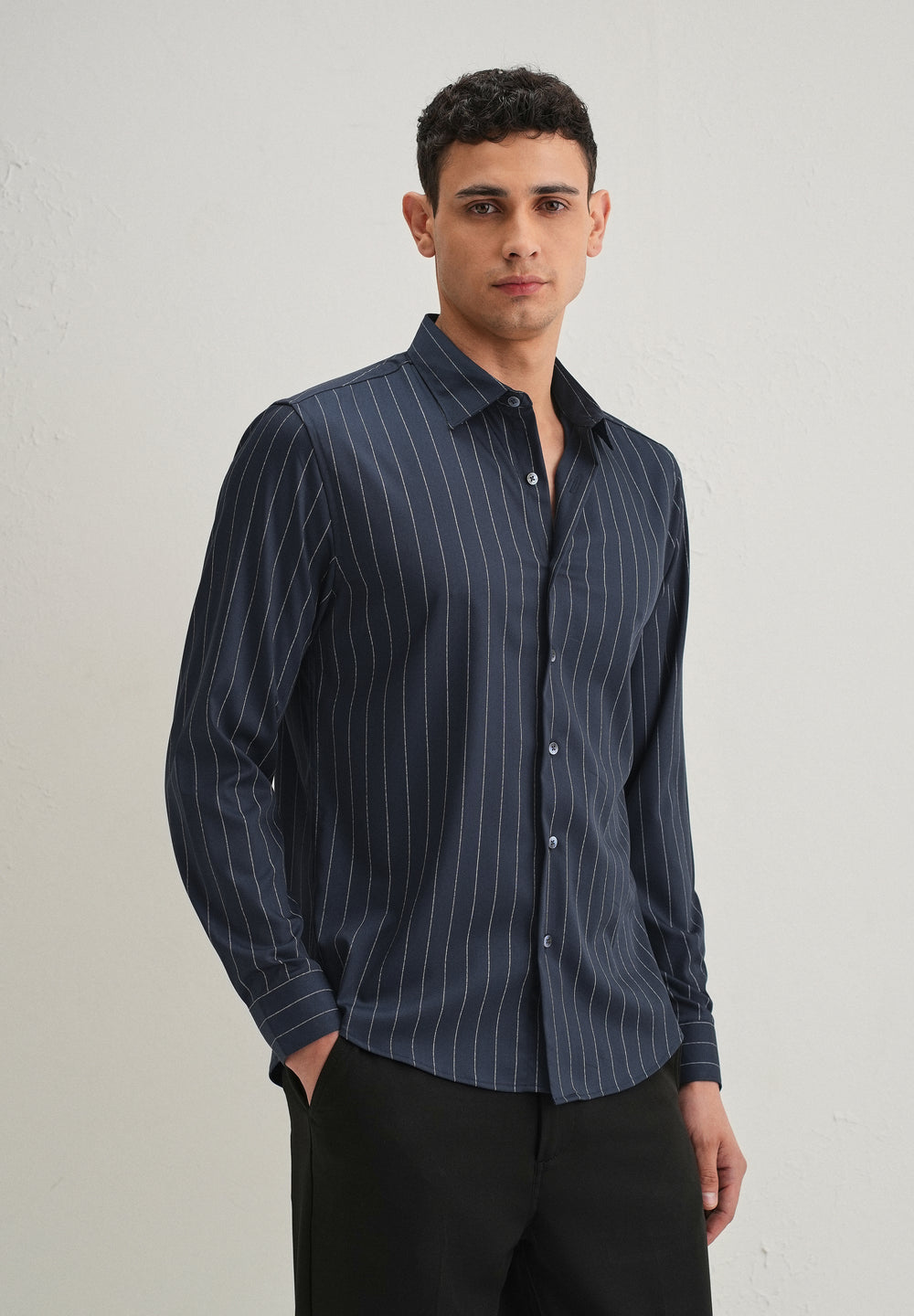 Navy Blue Vertical Stripe Shirt