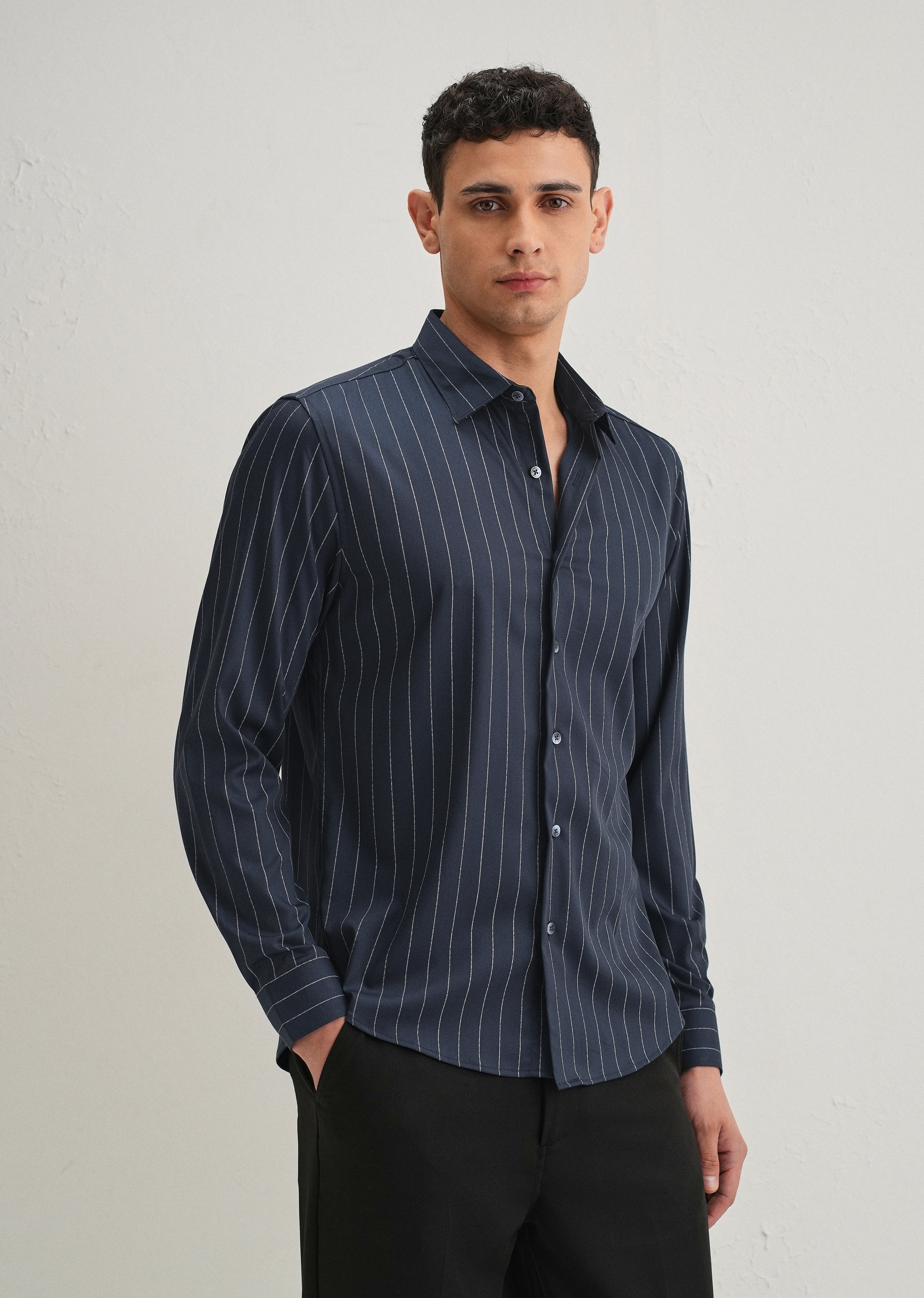 Navy Blue Vertical Stripe Shirt