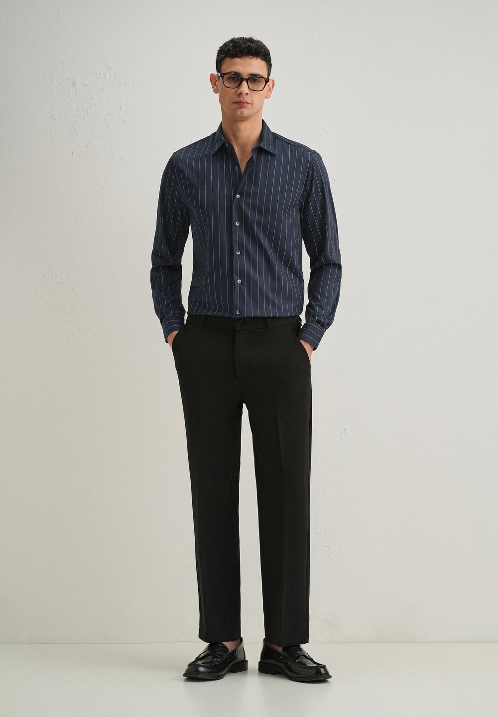 Navy Blue Vertical Stripe Shirt