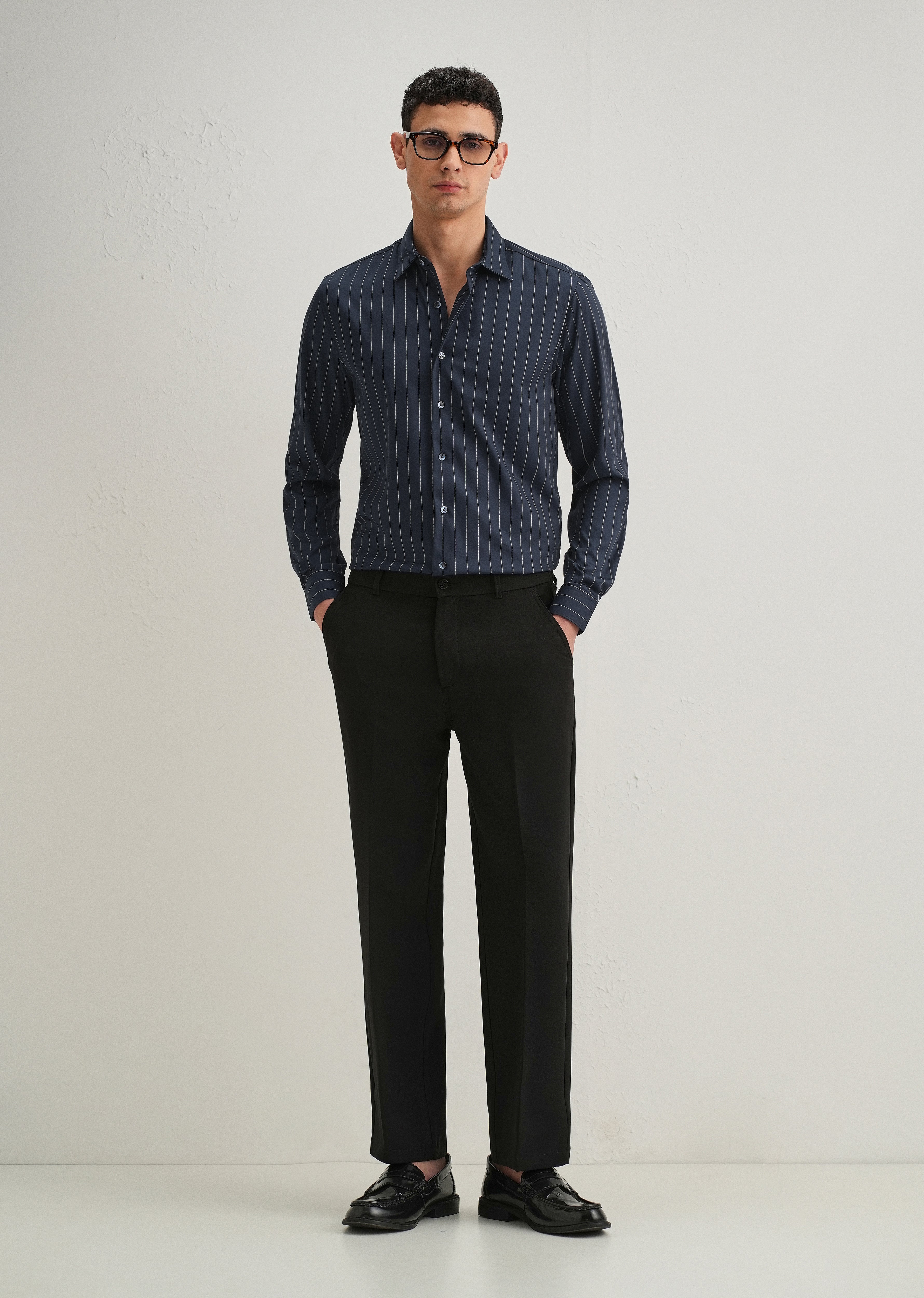 Navy Blue Vertical Stripe Shirt