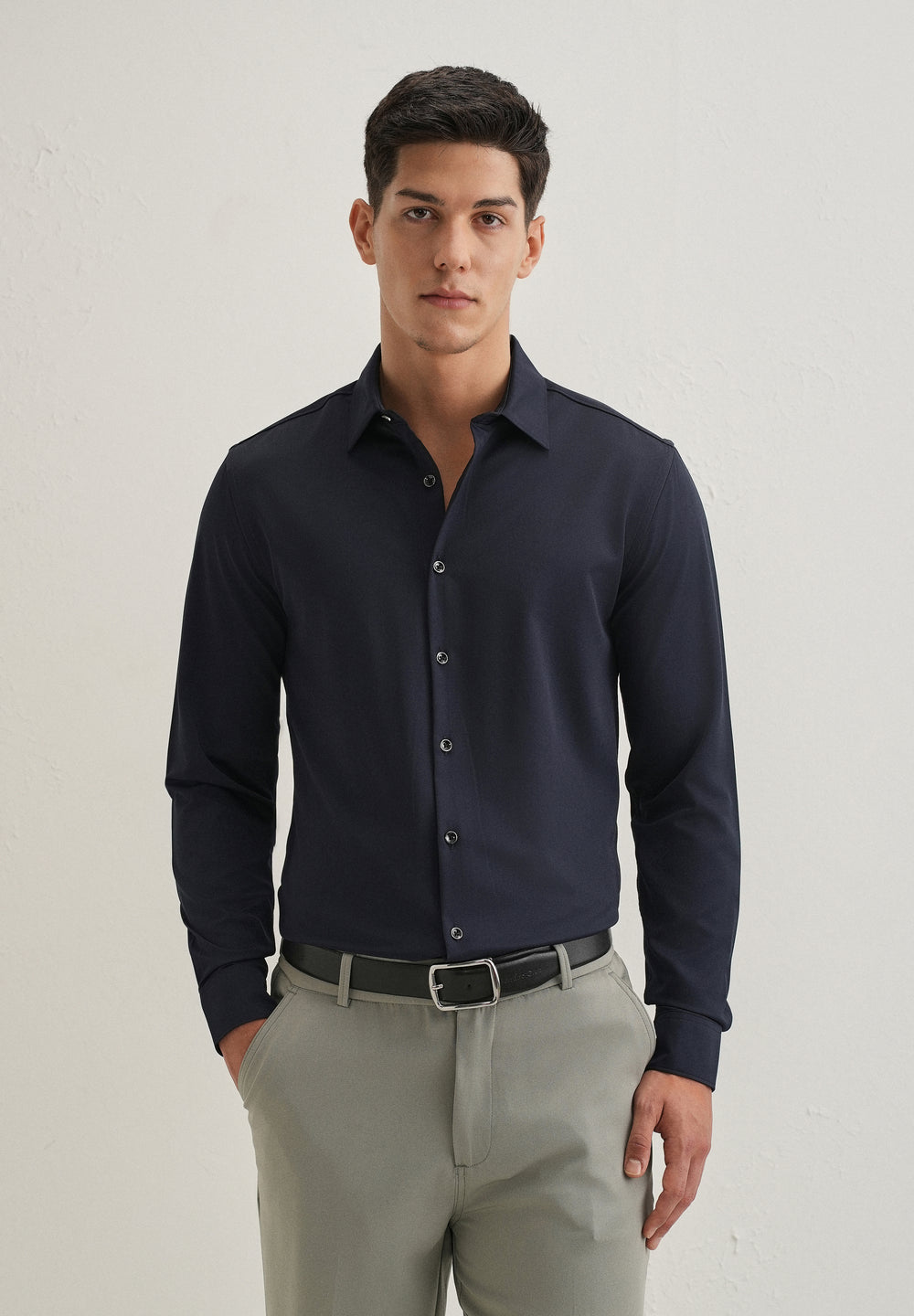 Navy Blue Wrinkle Free Stitchless Placket Shirt