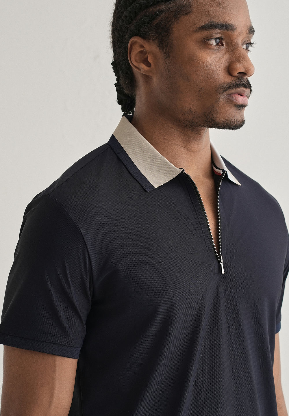 Navy Blue Zipper Polo Collar Seamless T-shirt