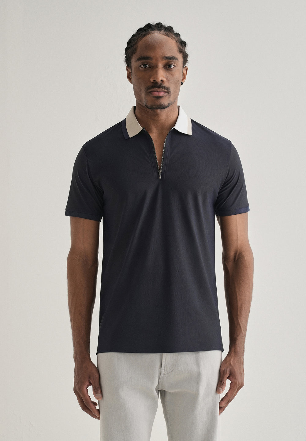 Navy Blue Zipper Polo Collar Seamless T-shirt