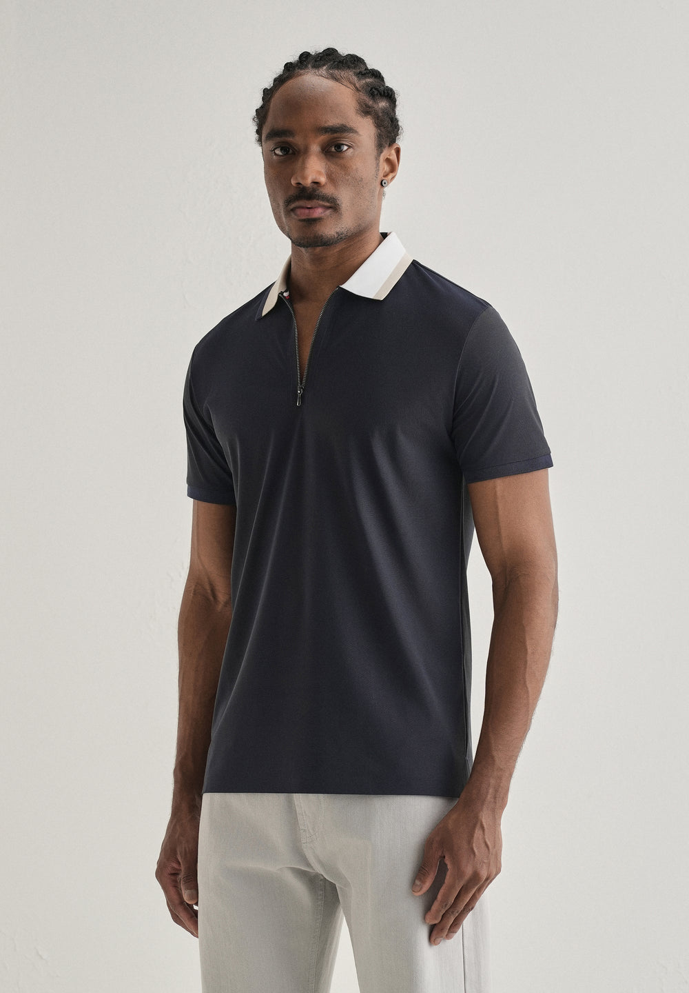 Navy Blue Zipper Polo Collar Seamless T-shirt