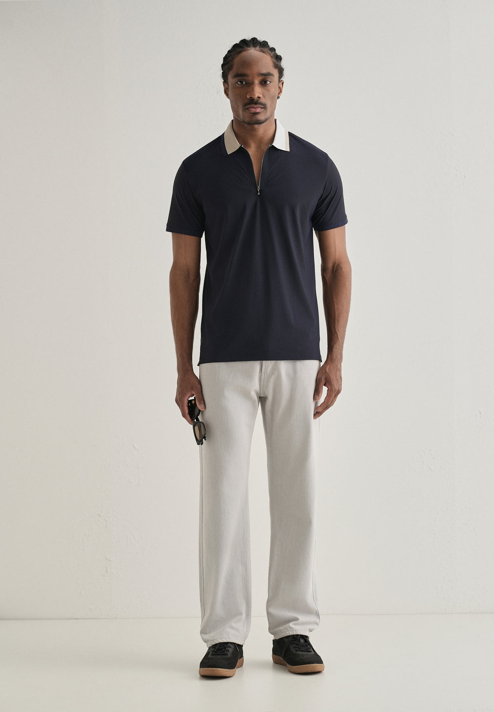 Navy Blue Zipper Polo Collar Seamless T-shirt