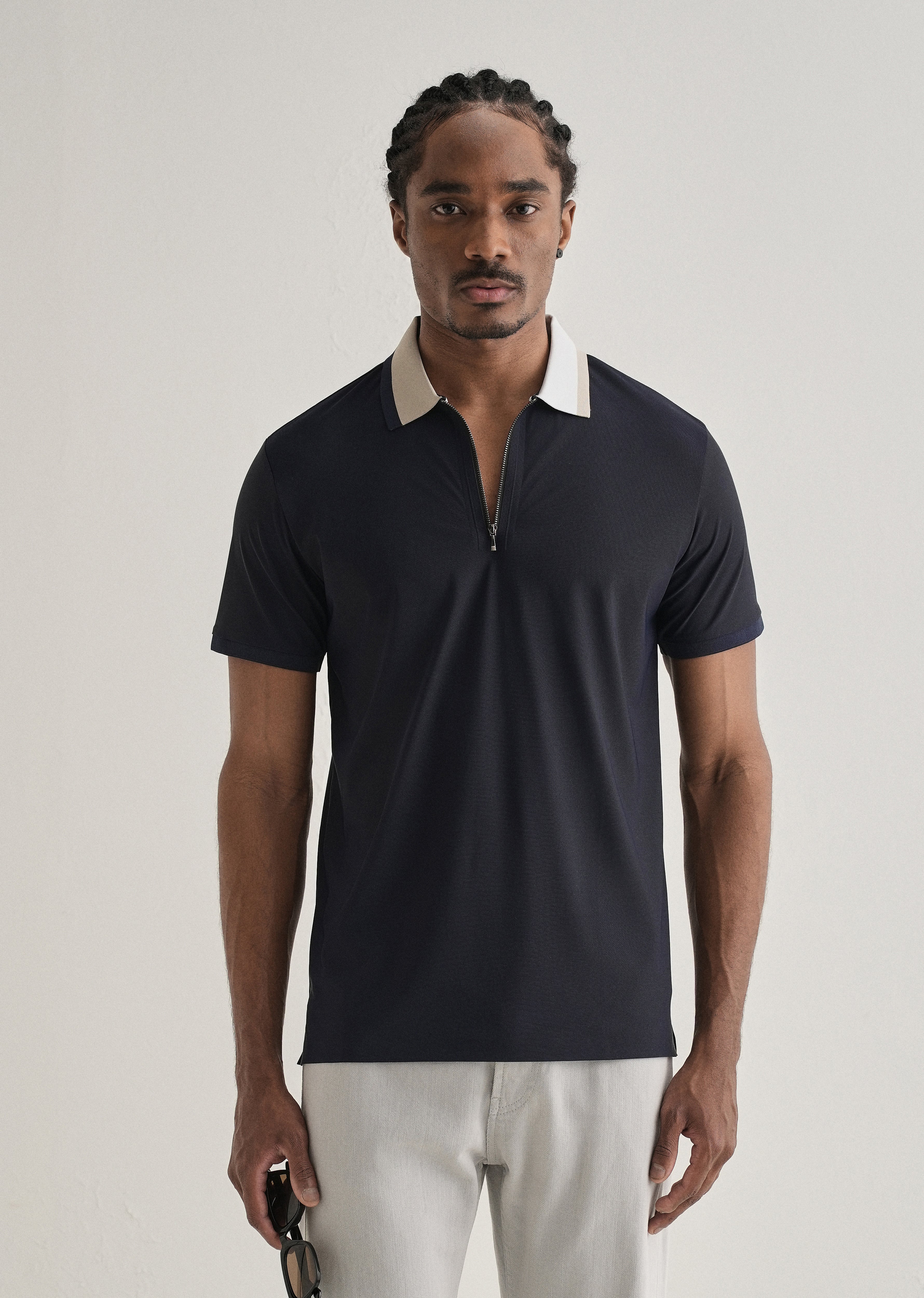 Navy Blue Zipper Polo Collar Seamless T-shirt