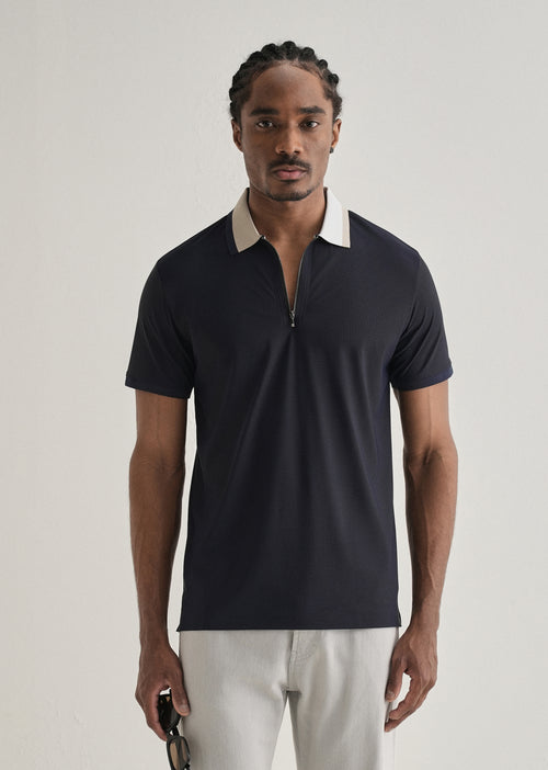 Navy Blue Zipper Polo Collar Seamless T-shirt